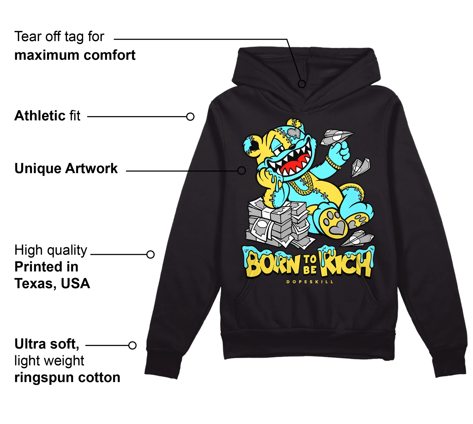 Aqua 5s DopeSkill Hoodie Sweatshirt Born To Be Rich Graphic - Image 3