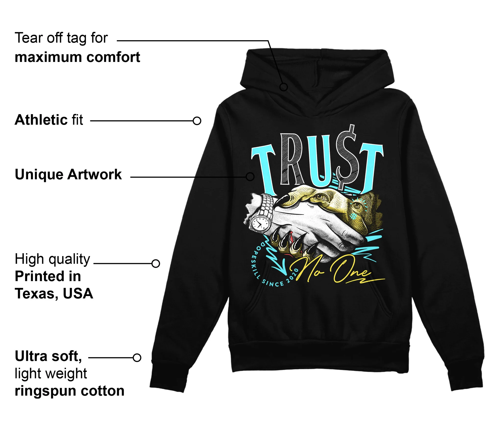 Aqua 5s DopeSkill Hoodie Sweatshirt Trust No One Graphic - Image 3