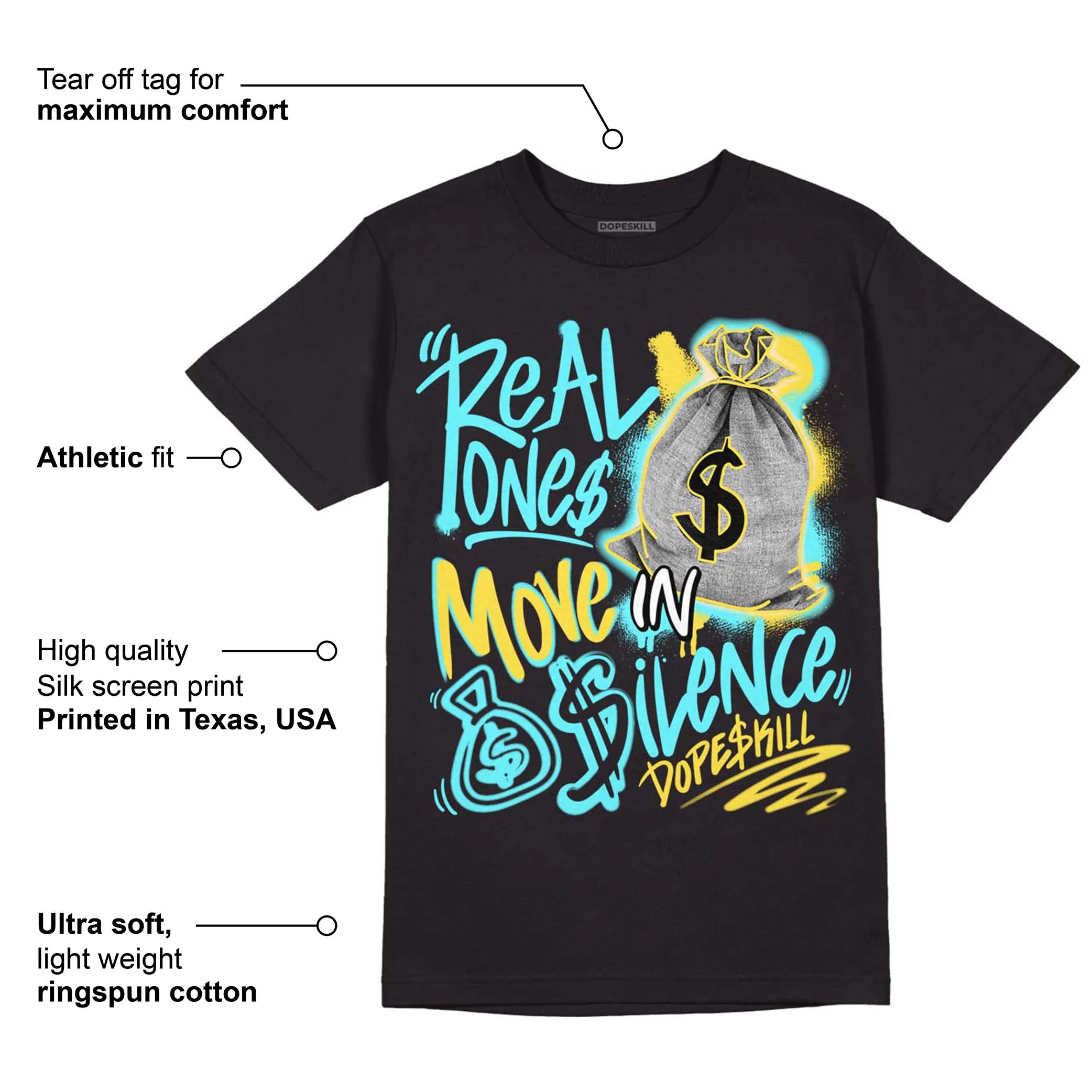 Aqua 5s DopeSkill T-Shirt Real Ones Move In Silence Graphic - Image 3