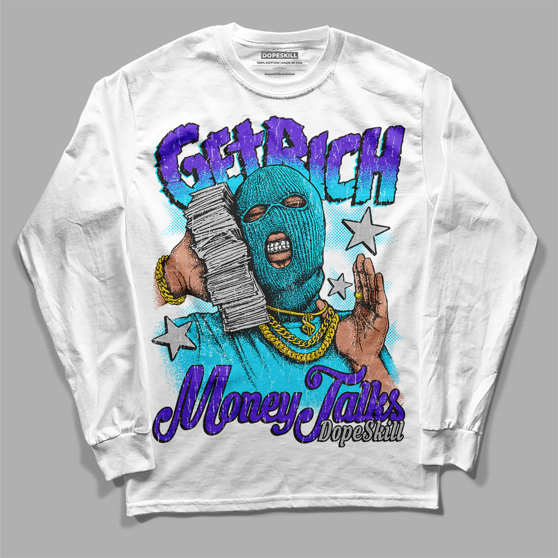 Aqua 6s DopeSkill Long Sleeve T-Shirt Get Rich Graphic - Image 2
