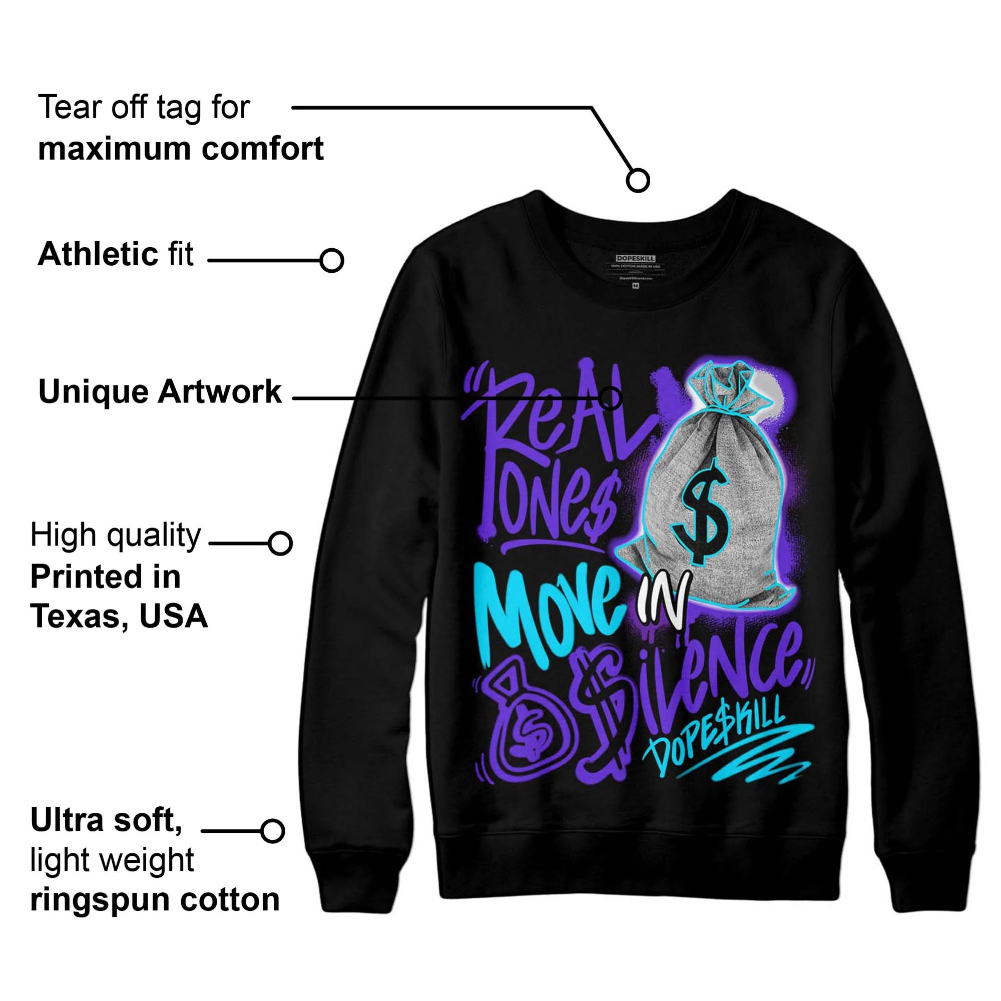 Aqua 6s DopeSkill Sweatshirt Real Ones Move In Silence Graphic - Image 3