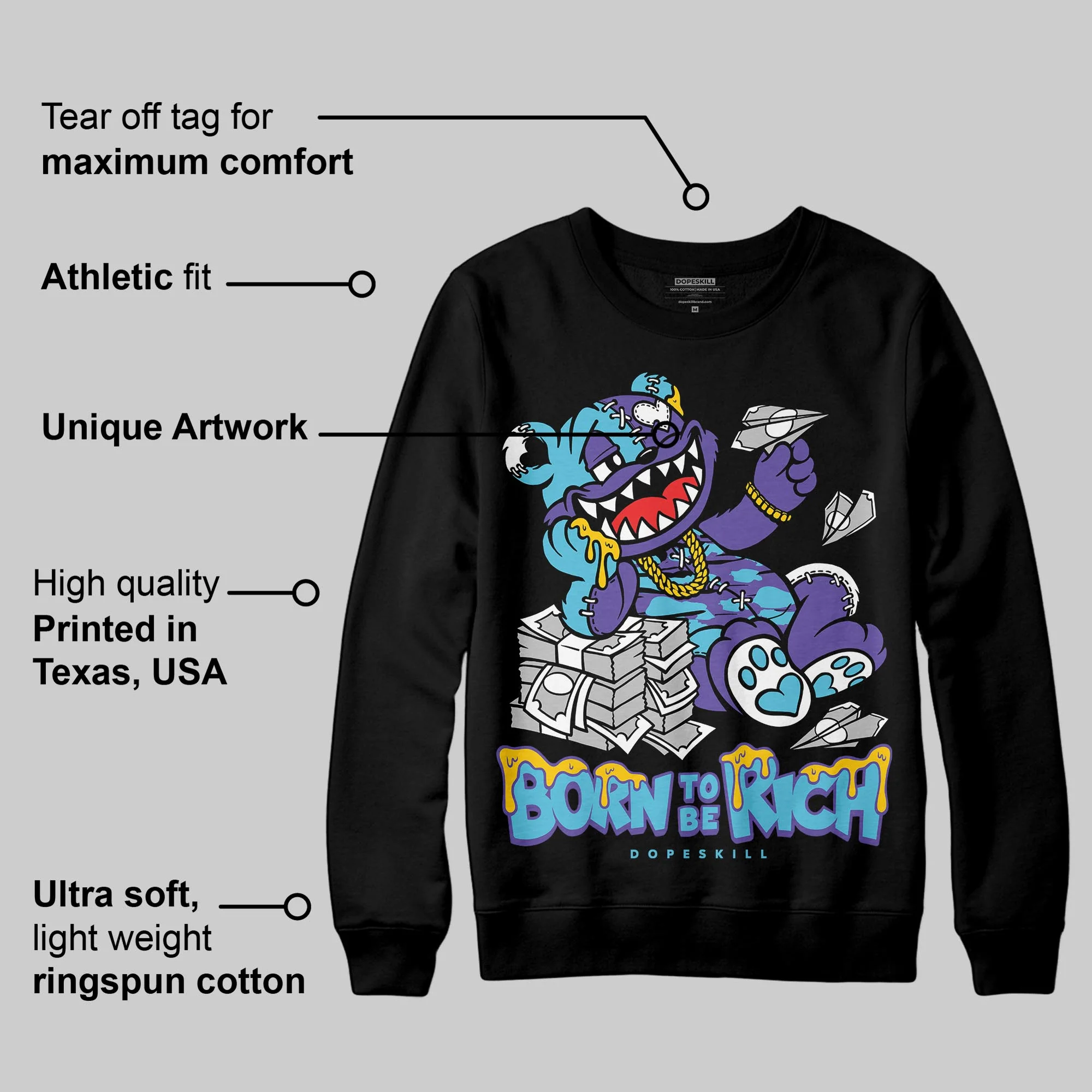 Aqua 8s DopeSkill Sweatshirt Born To Be Rich Graphic - Image 3