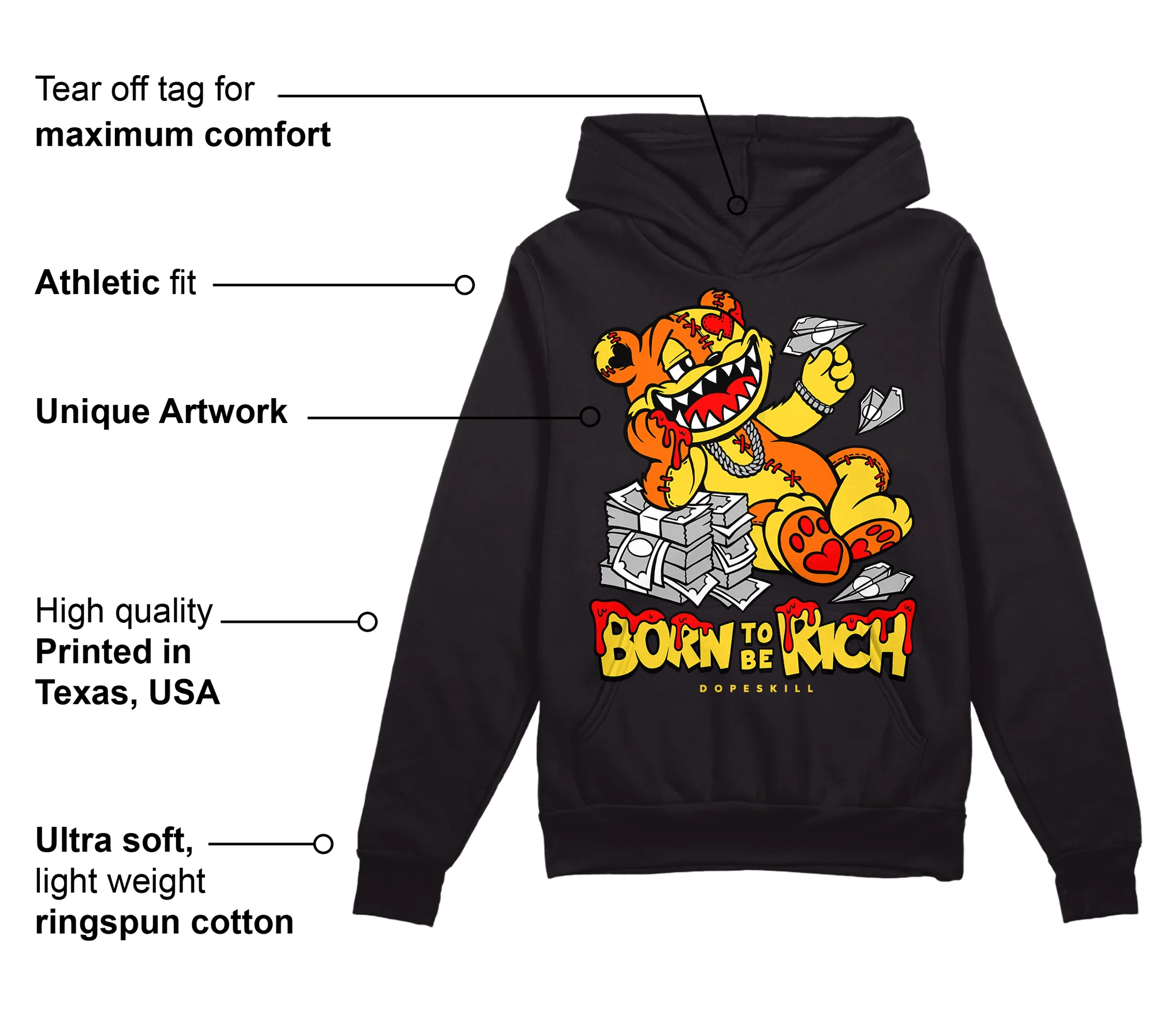 Black Tour Yellow AJ 4 Thunder DopeSkill Hoodie Sweatshirt Born To Be Rich Graphic - Image 3