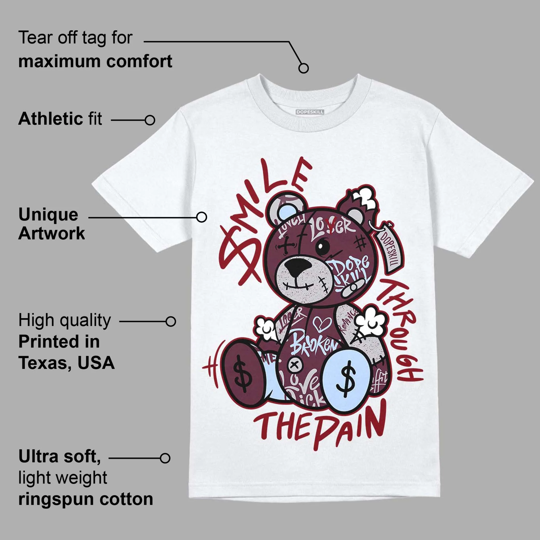 Burgundy 5s DopeSkill T-Shirt Smile Through The Pain Graphic - Image 3
