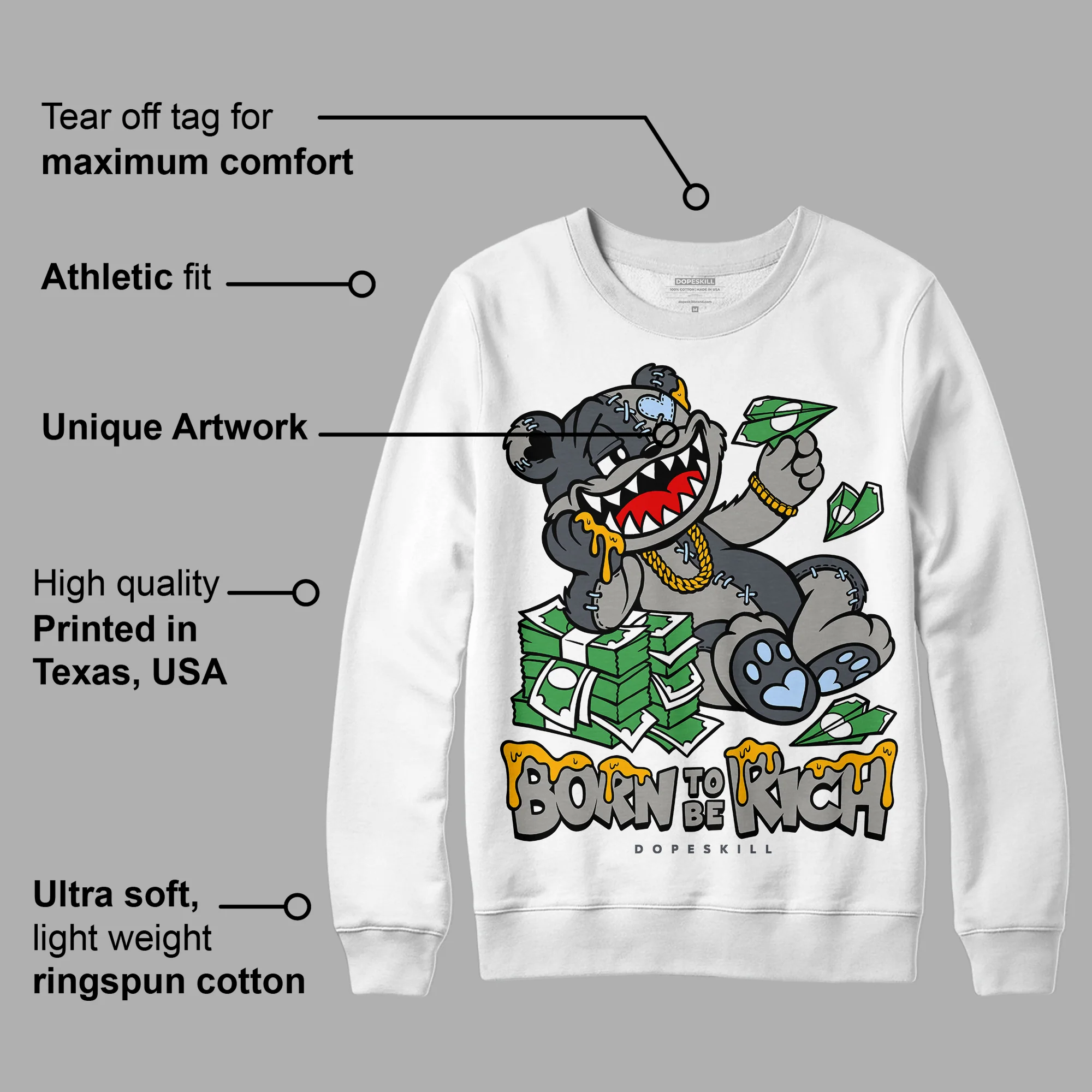 Cool Grey 11s DopeSkill Sweatshirt Born To Be Rich Graphic - Image 3