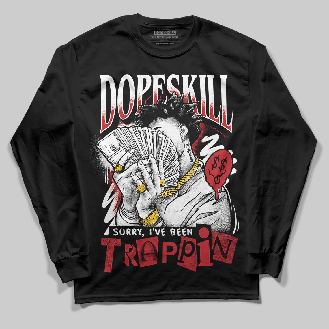Fire Red “Black Tongue” 5s DopeSkill Long Sleeve T-Shirt Sorry I've Been Trappin Graphic - Image 2
