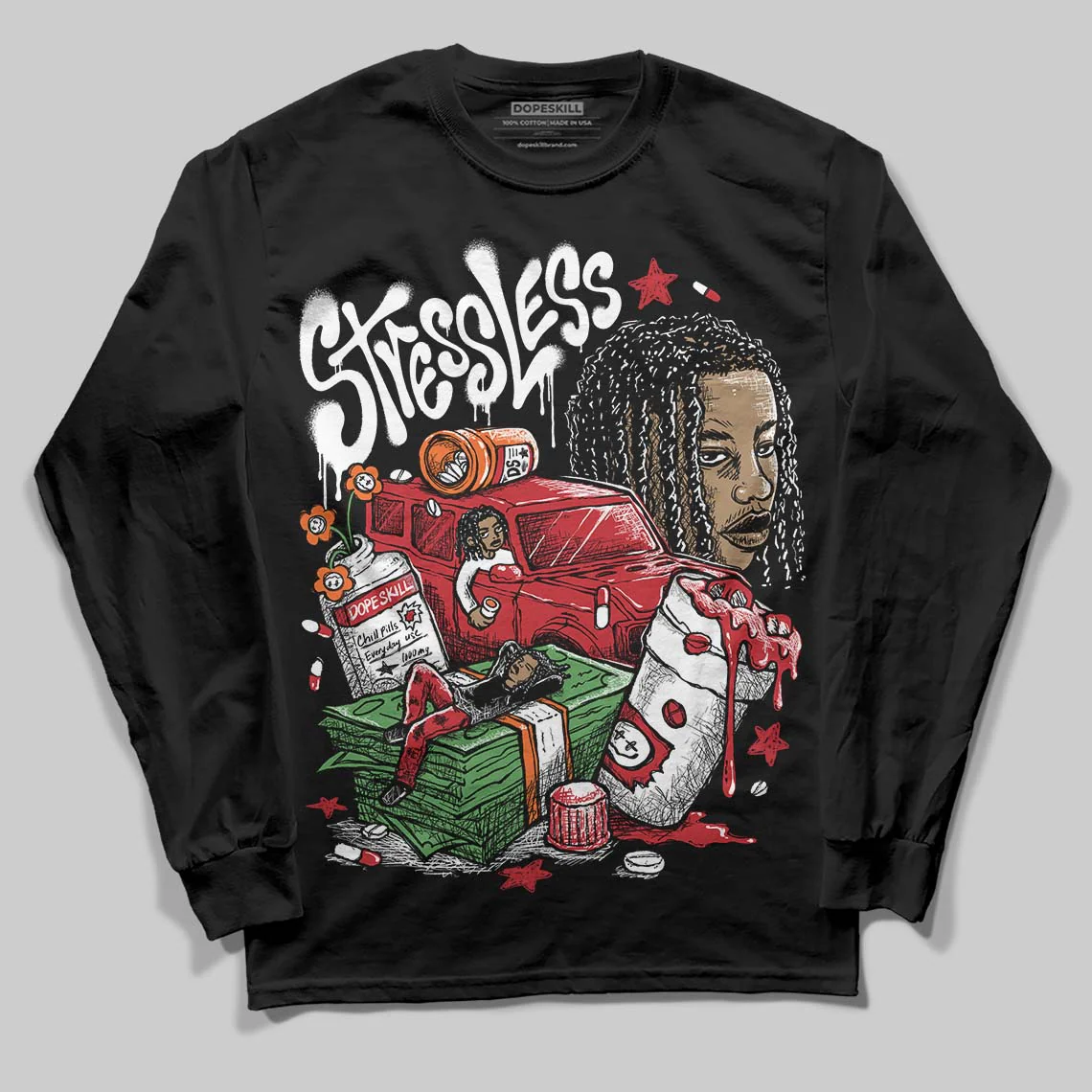 Fire Red “Black Tongue” 5s DopeSkill Long Sleeve T-Shirt Stressless Graphic - Image 2