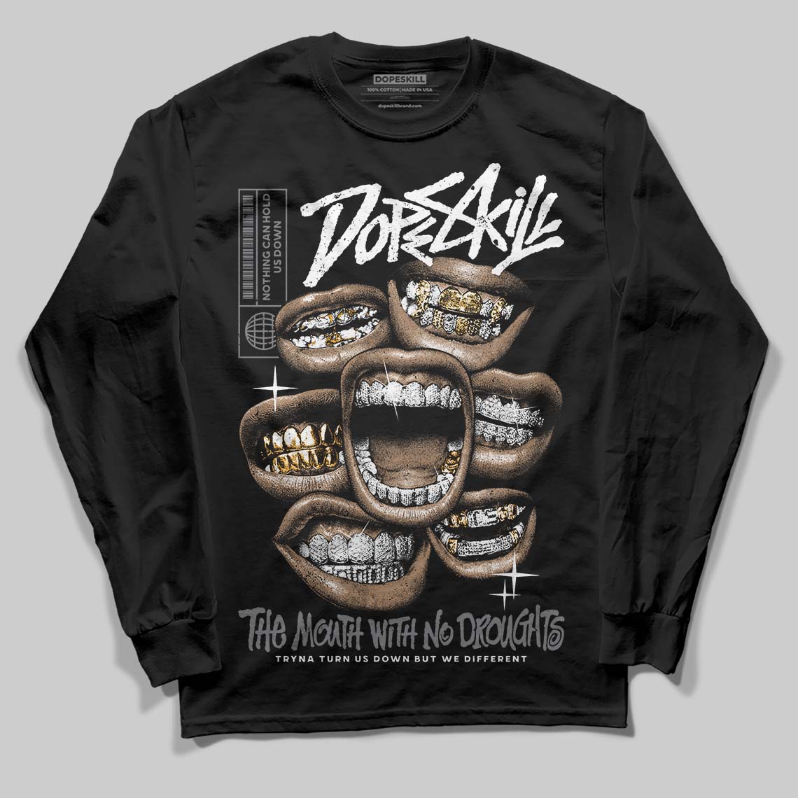 Flint Grey 9s DopeSkill Long Sleeve T-Shirt The Mouth With No Droughts Graphic - Image 2