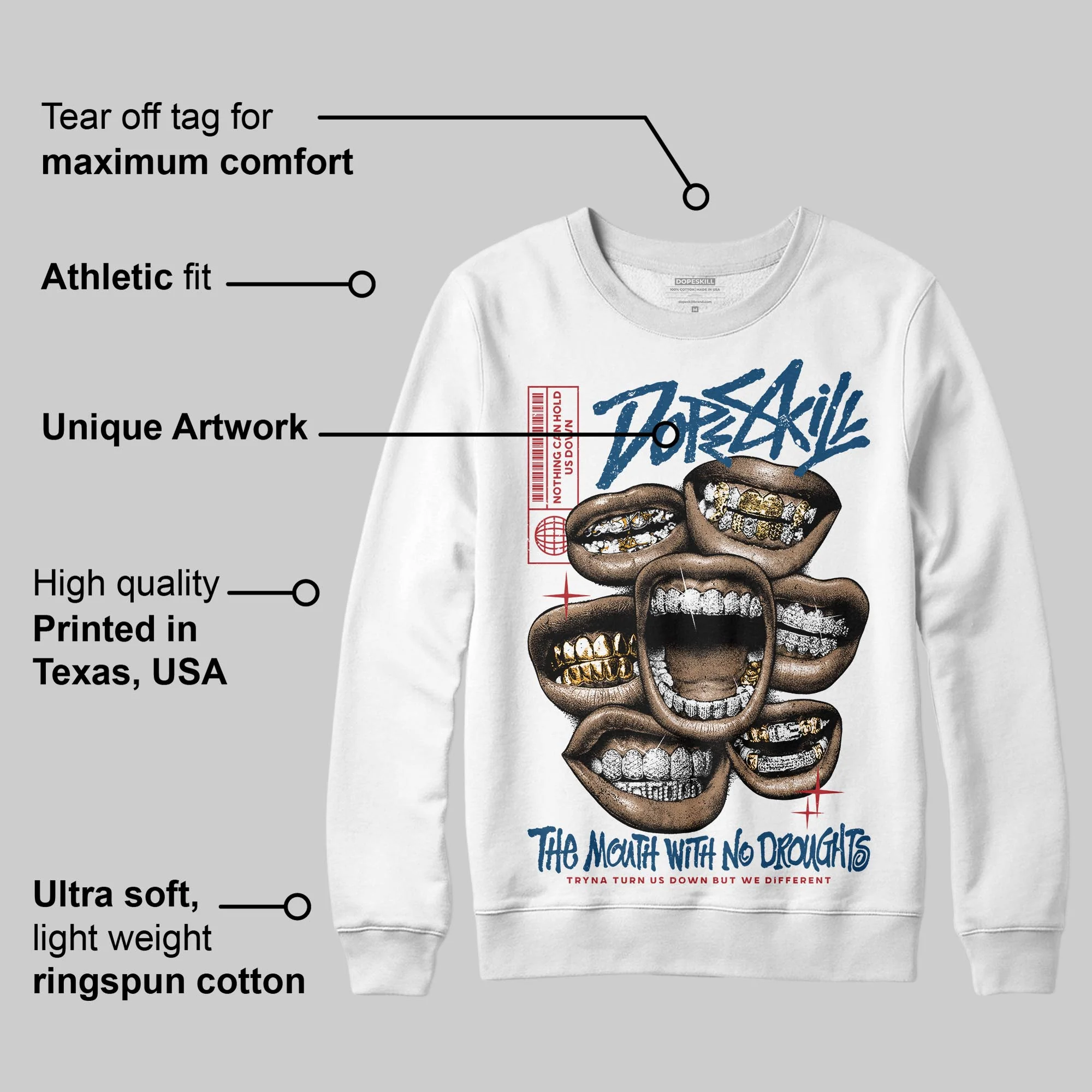 French Blue 12s DopeSkill Sweatshirt The Mouth With No Droughts Graphic - Image 2