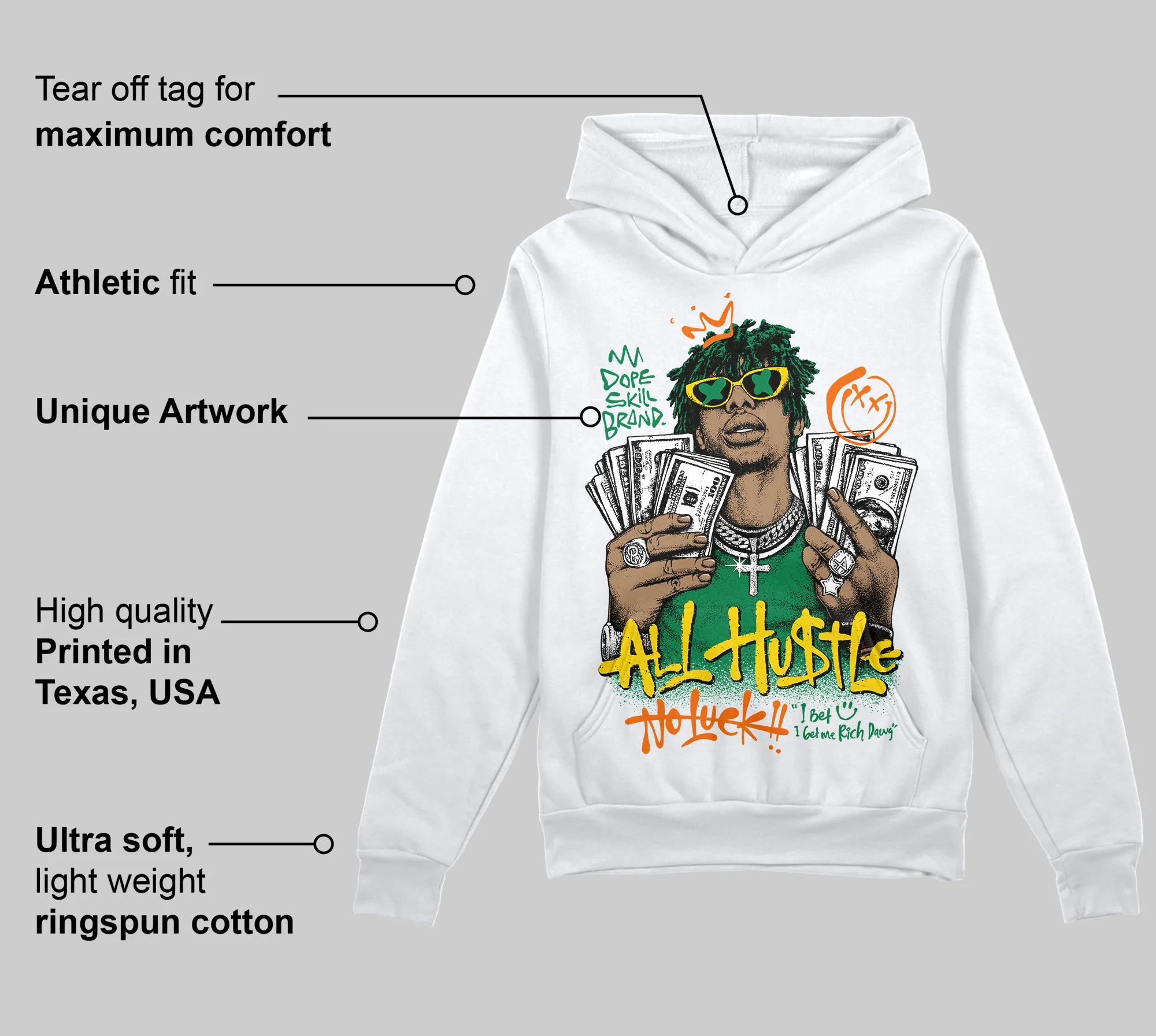 Green 'All Hustle No Luck' DopeSkill Graphic Hoodie - Image 3
