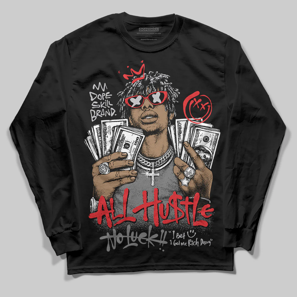 Grey 'All Hustle No Luck' DopeSkill Graphic Long Sleeve T-Shirt - Image 2