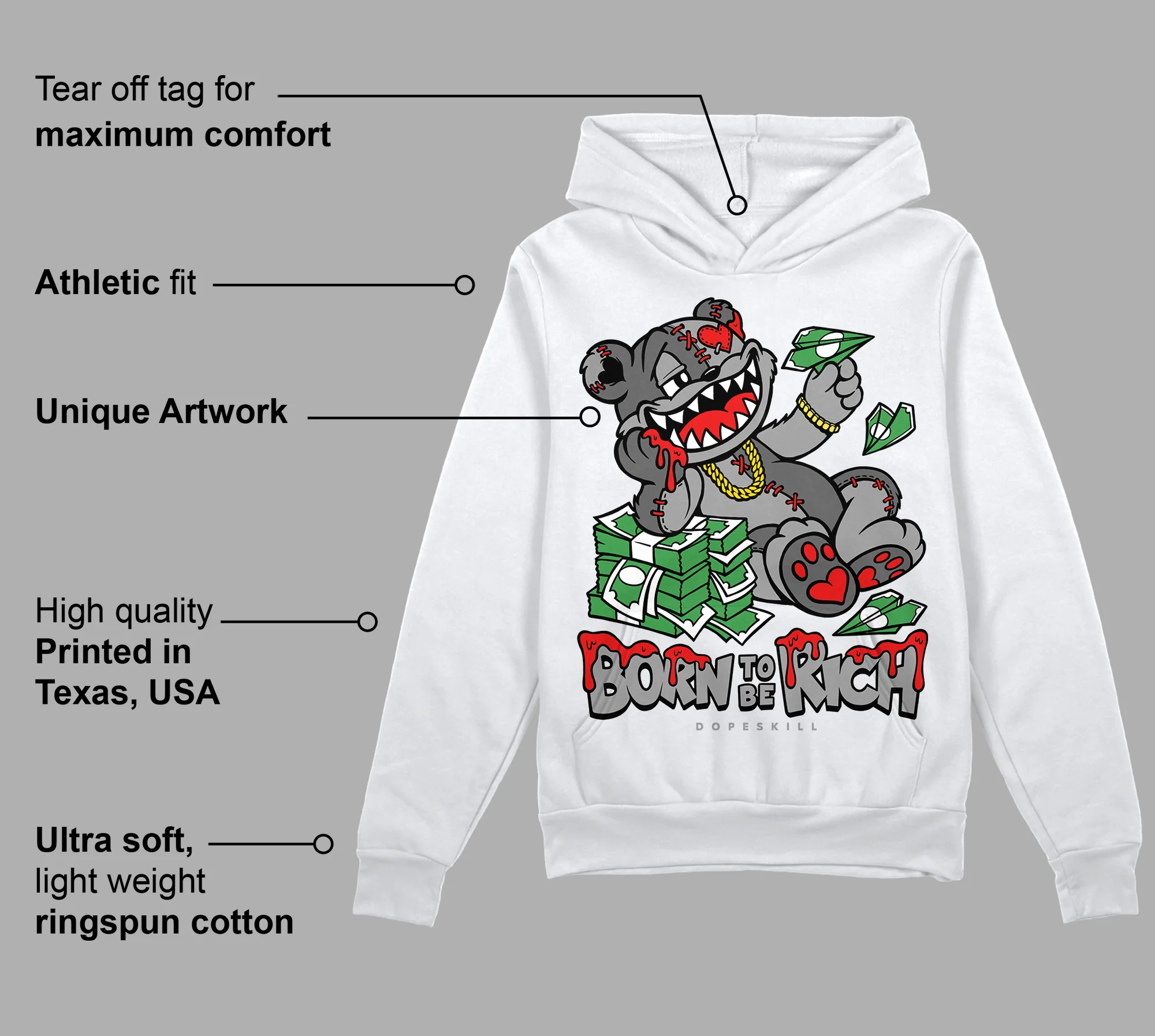 Grey Collection DopeSkill Hoodie Sweatshirt Born To Be Rich Graphic - Image 3