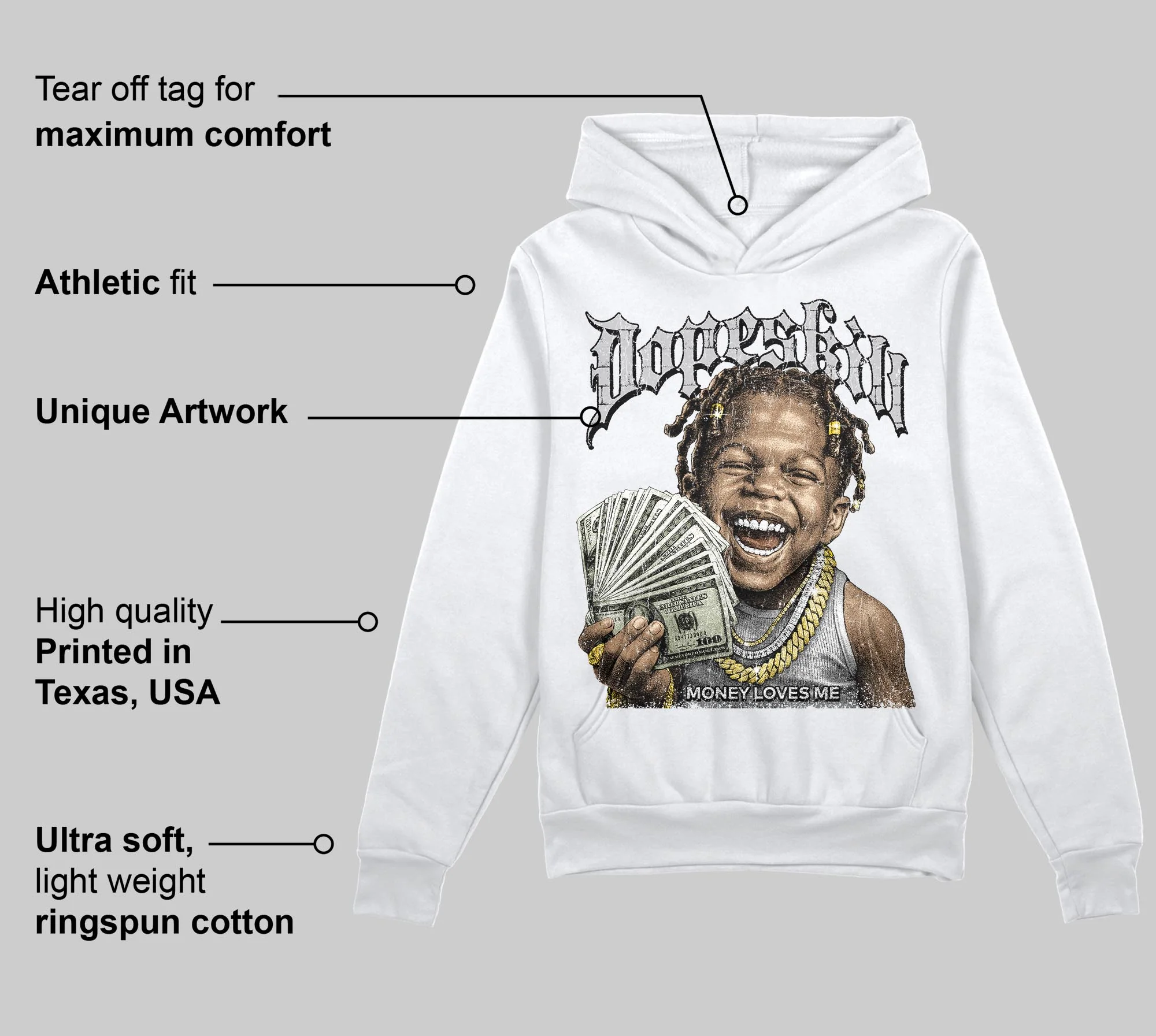 Grey 'Money Loves Me' DopeSkill Graphic Hoodie - Image 3
