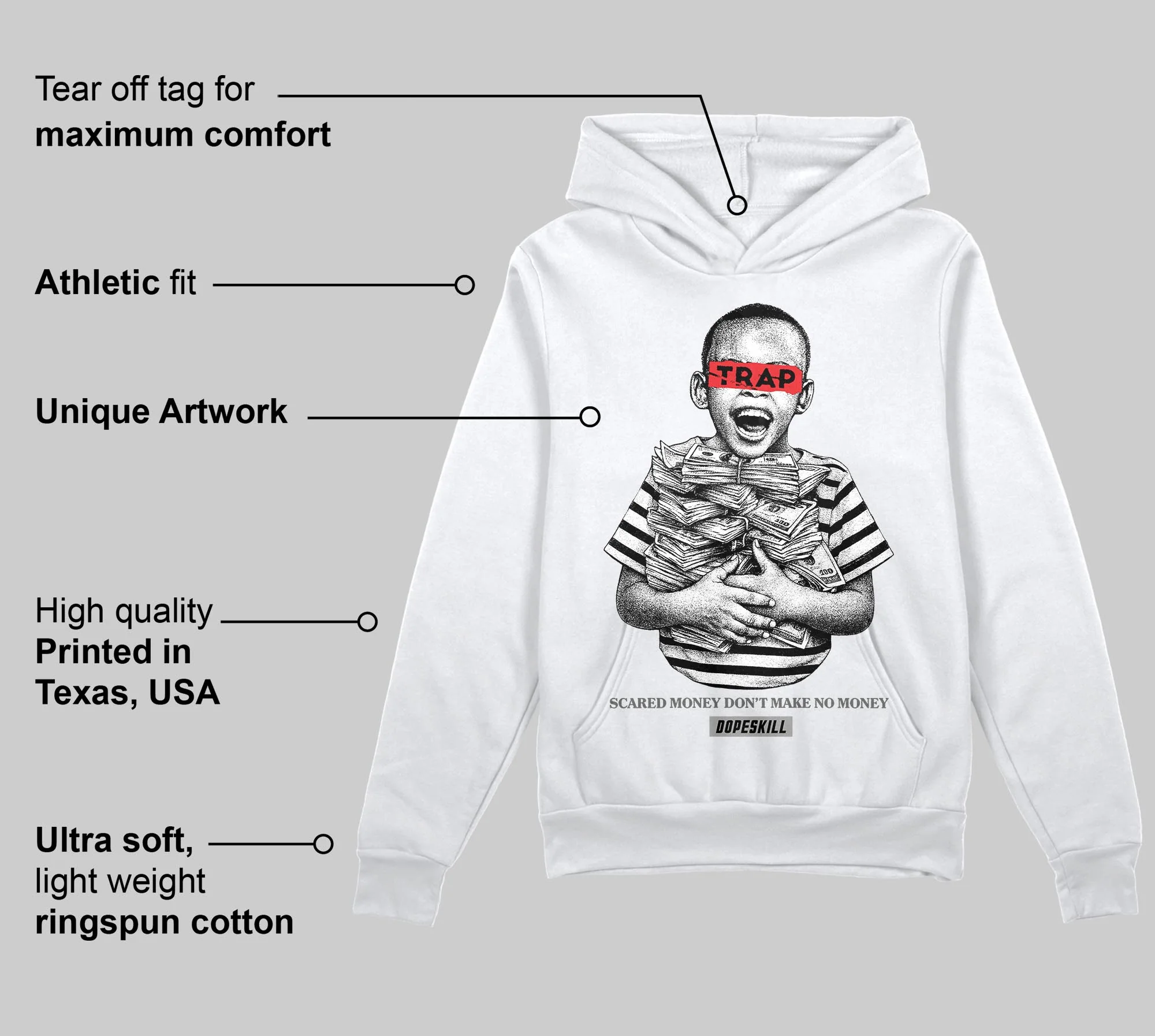 Grey 'Scared Money Don't Make No Money' DopeSkill Graphic Hoodie - Image 3
