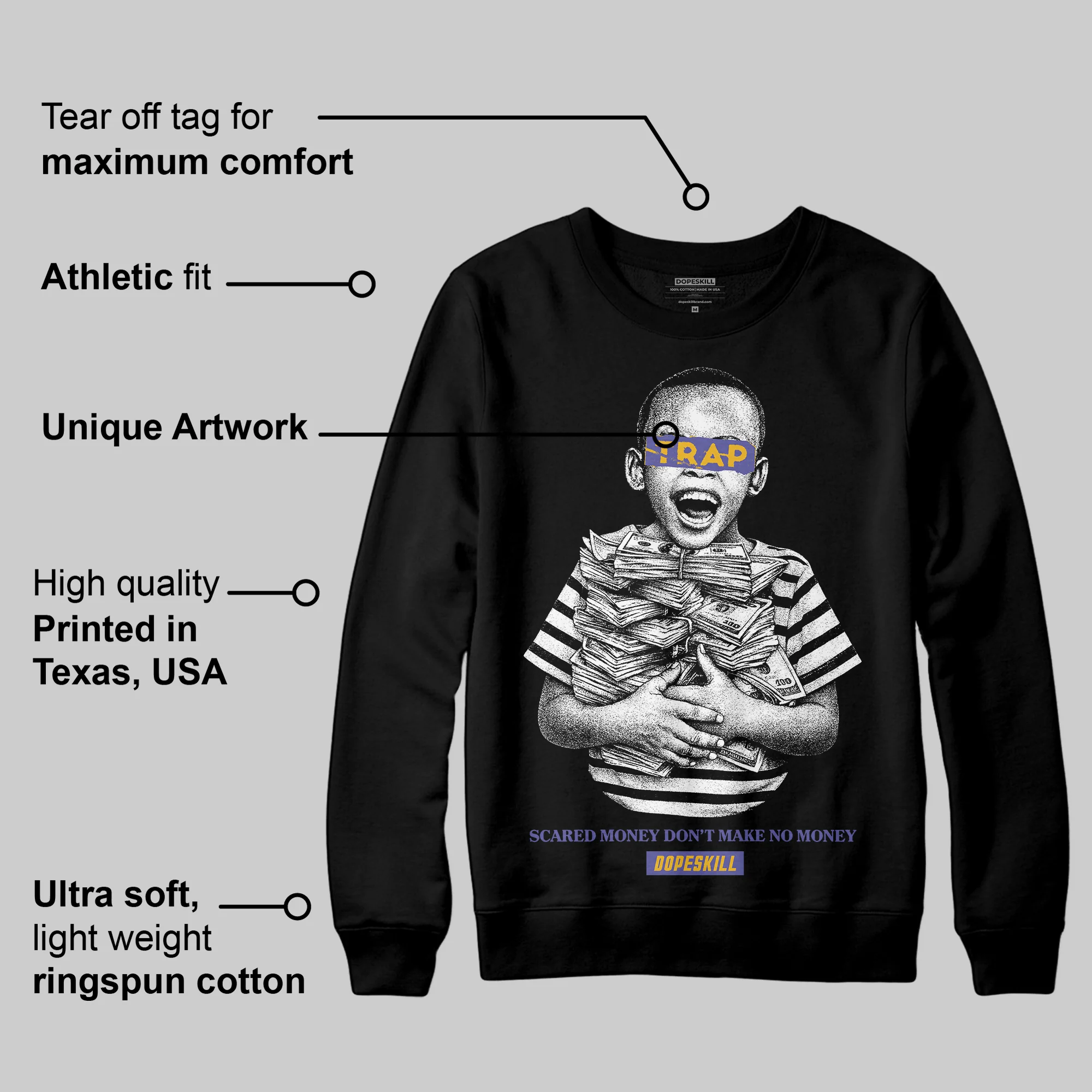 Lakers 4s DopeSkill Sweatshirt Scared Money Don't Make No Money Graphic - Image 3