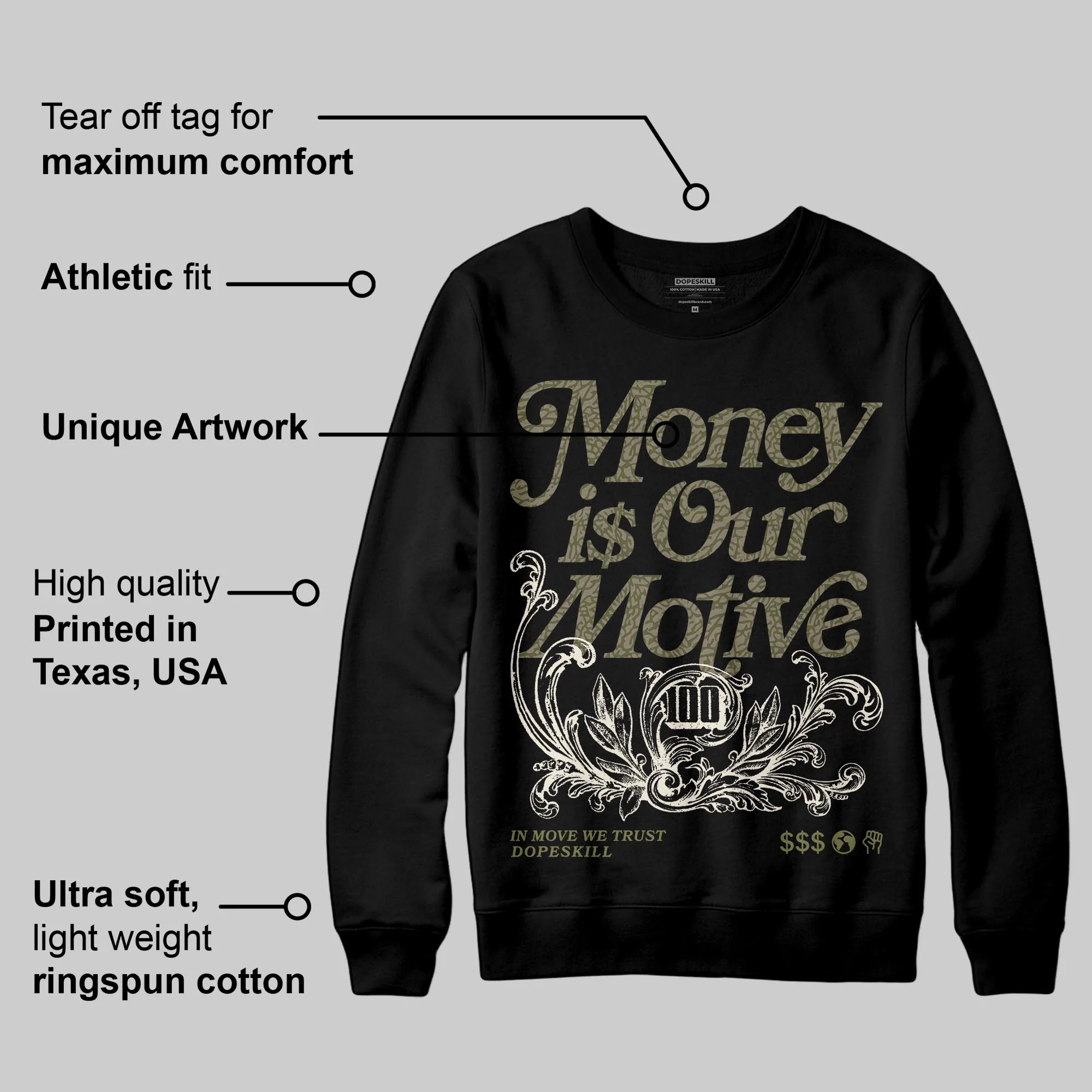 Medium Olive 3s DopeSkill Sweatshirt Money Is Our Motive Typo Graphic - Image 3