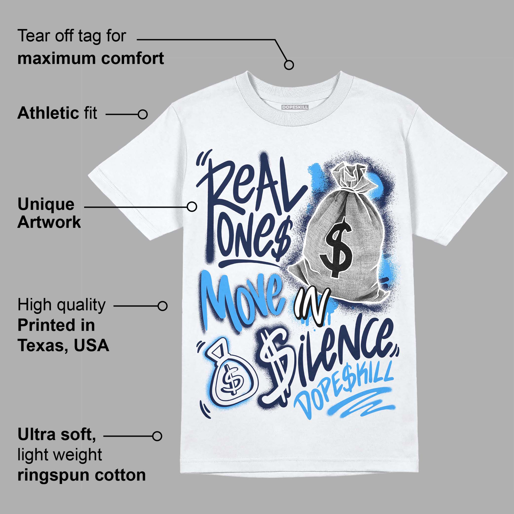 Midnight Navy 3s DopeSkill T-Shirt Real Ones Move In Silence Graphic - Image 3