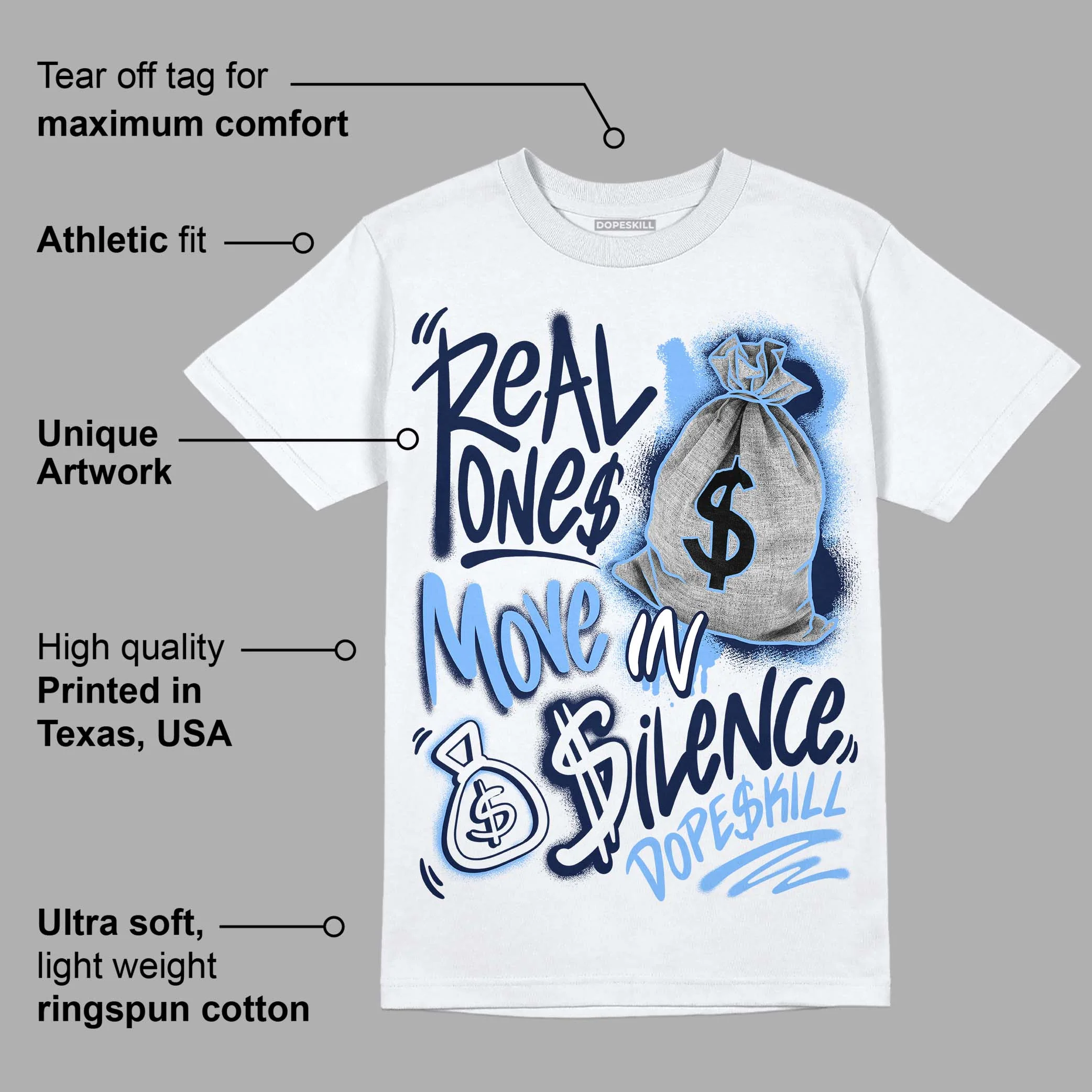 Midnight Navy 5s DopeSkill T-Shirt Real Ones Move In Silence Graphic - Image 2