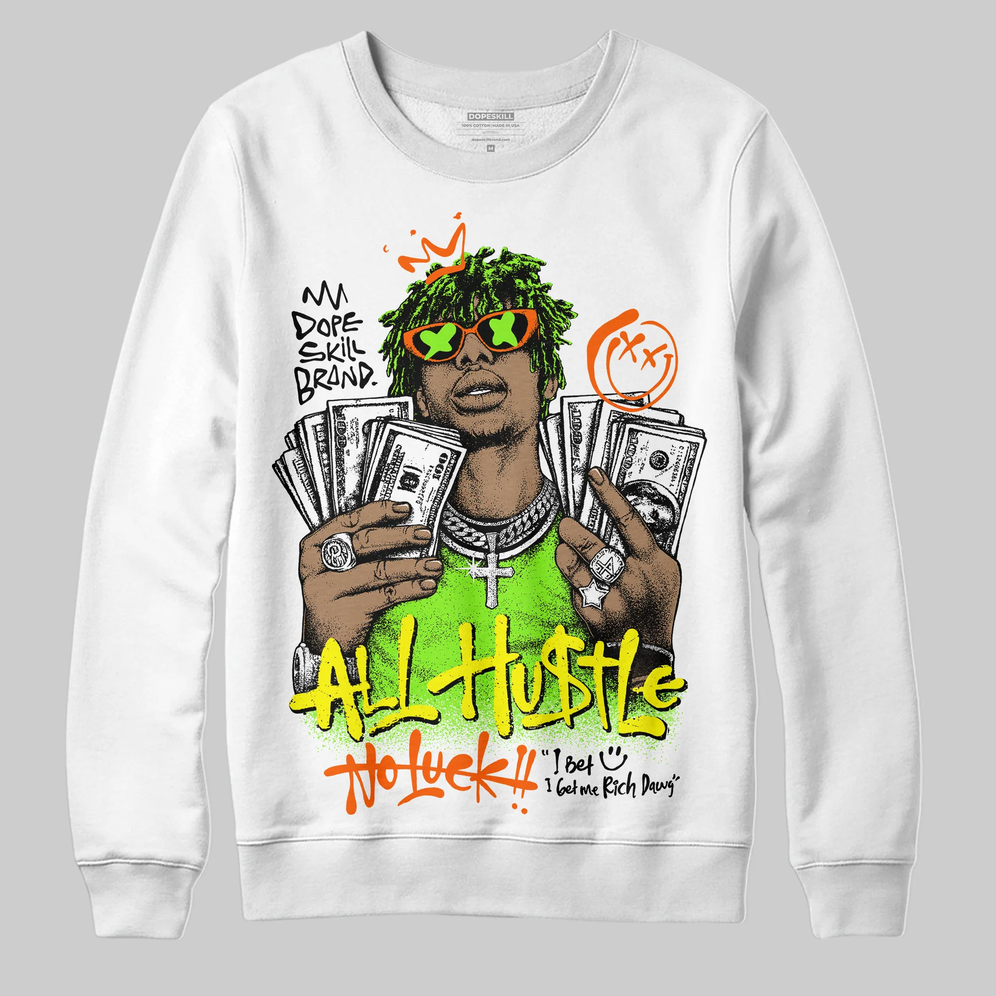 Neon Green 'All Hustle No Luck' DopeSkill Graphic Sweatshirt - Image 2