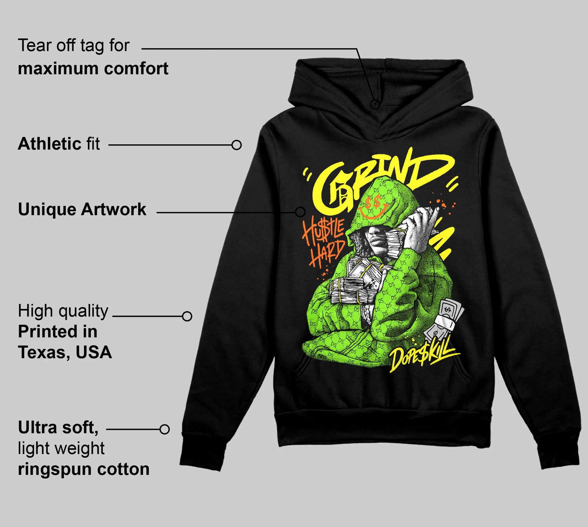 Neon Green 'Grind Pray' DopeSkill Graphic Hoodie - Image 3