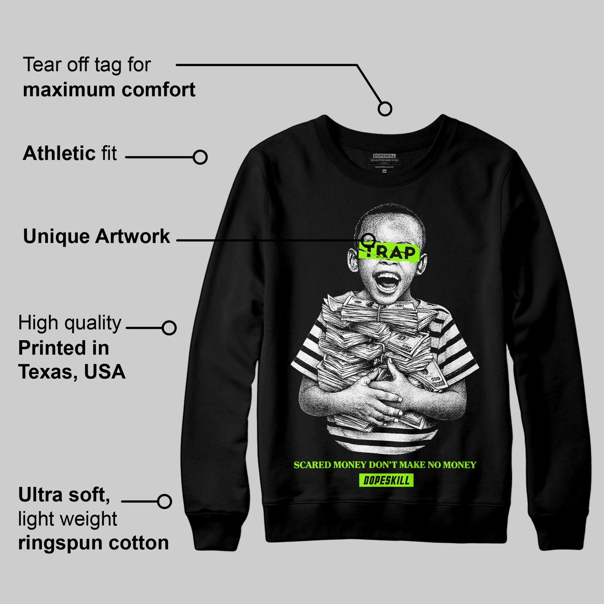 Neon Green 'Scared Money Don't Make No Money' DopeSkill Graphic Sweatshirt - Image 3