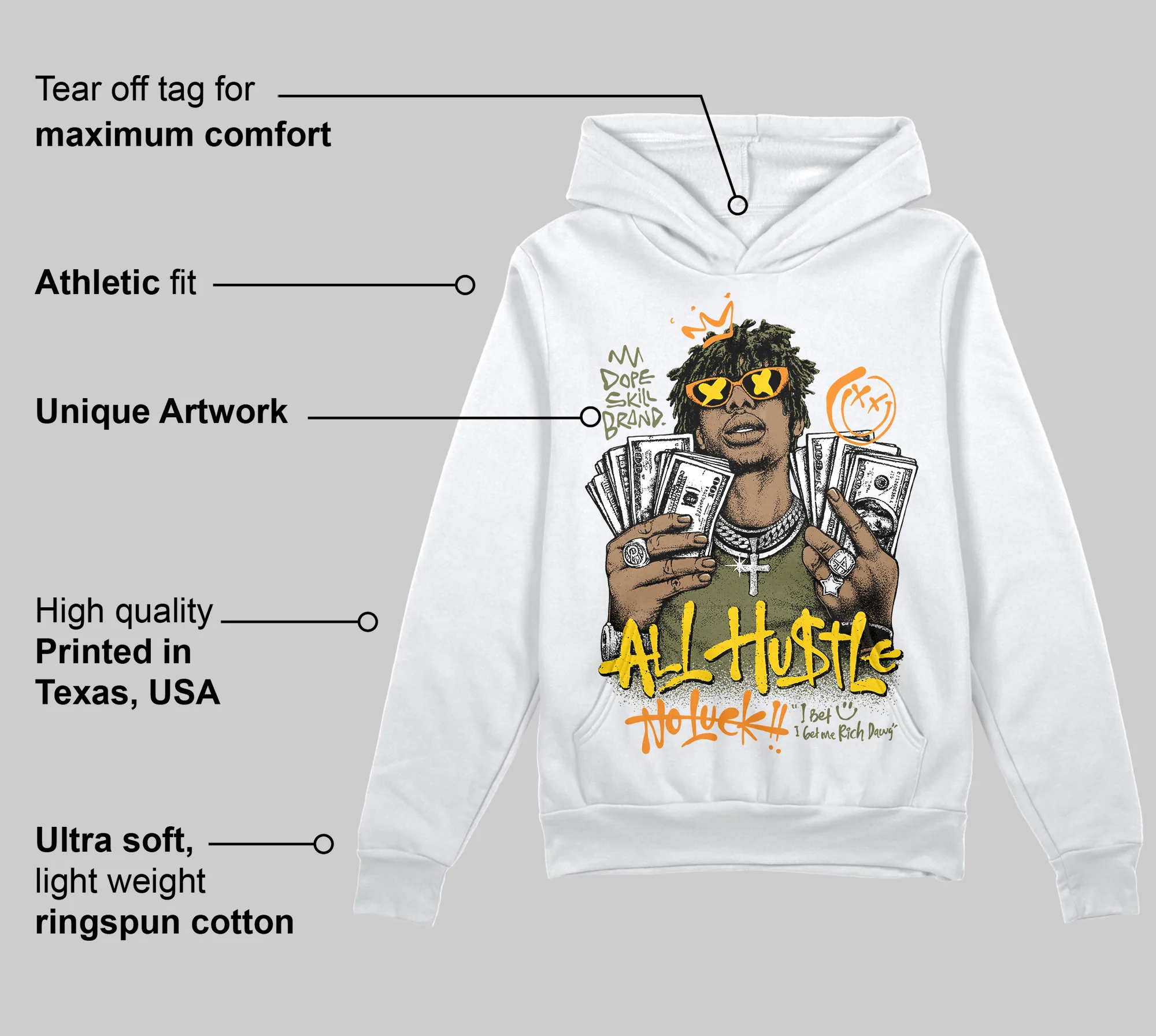Olive 'All Hustle No Luck' DopeSkill Graphic Hoodie - Image 3