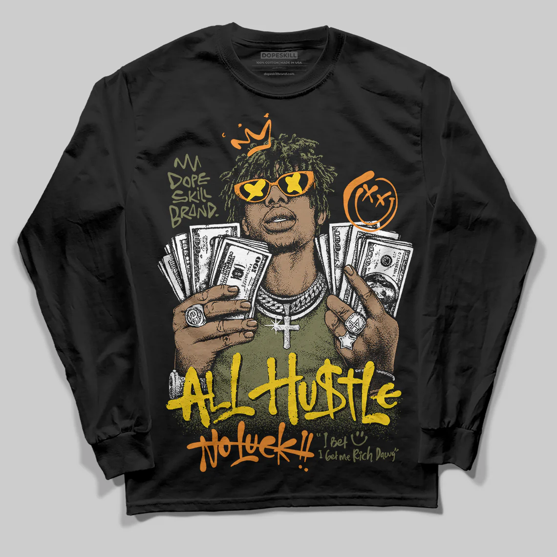 Olive 'All Hustle No Luck' DopeSkill Graphic Long Sleeve T-Shirt - Image 2