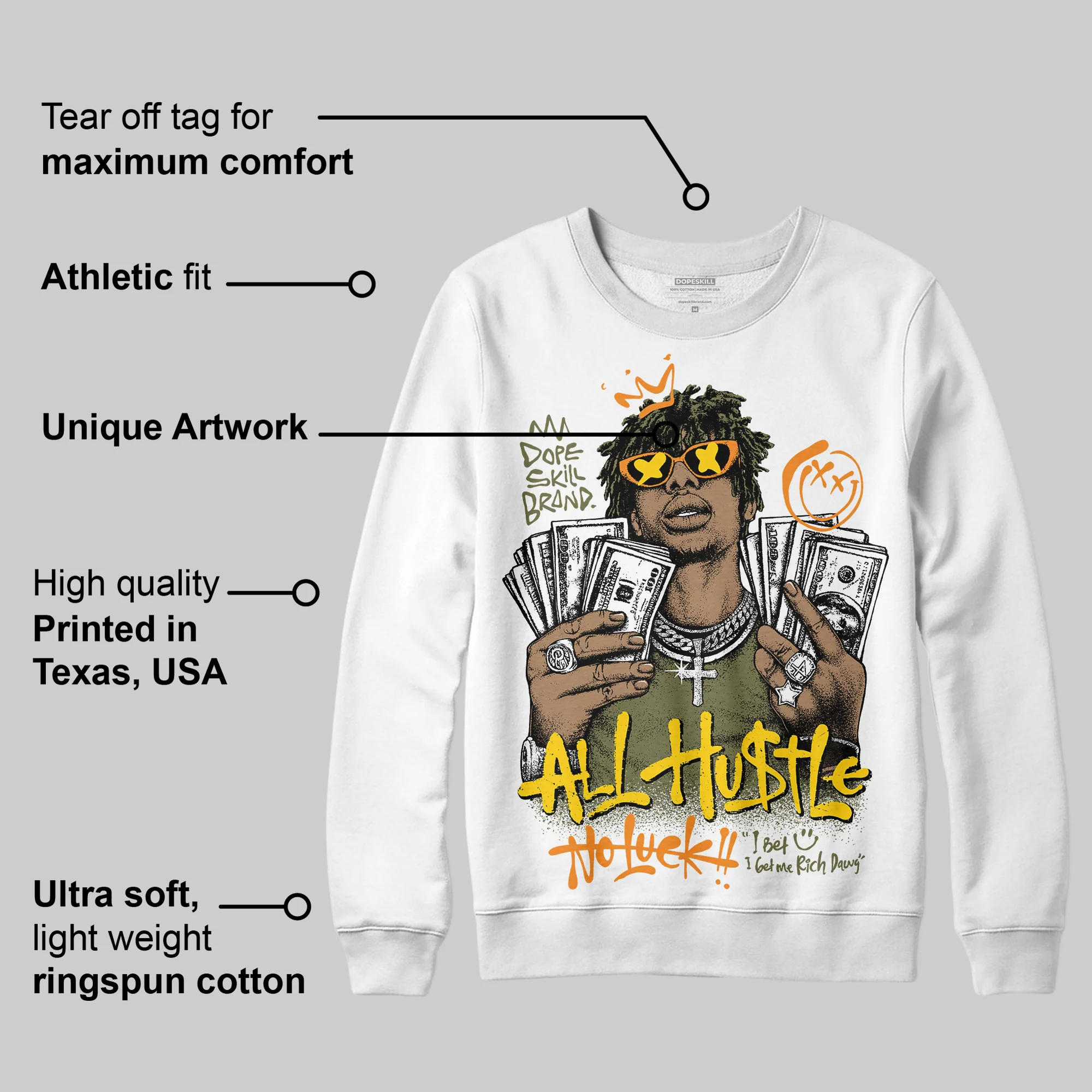Olive 'All Hustle No Luck' DopeSkill Graphic Sweatshirt - Image 3