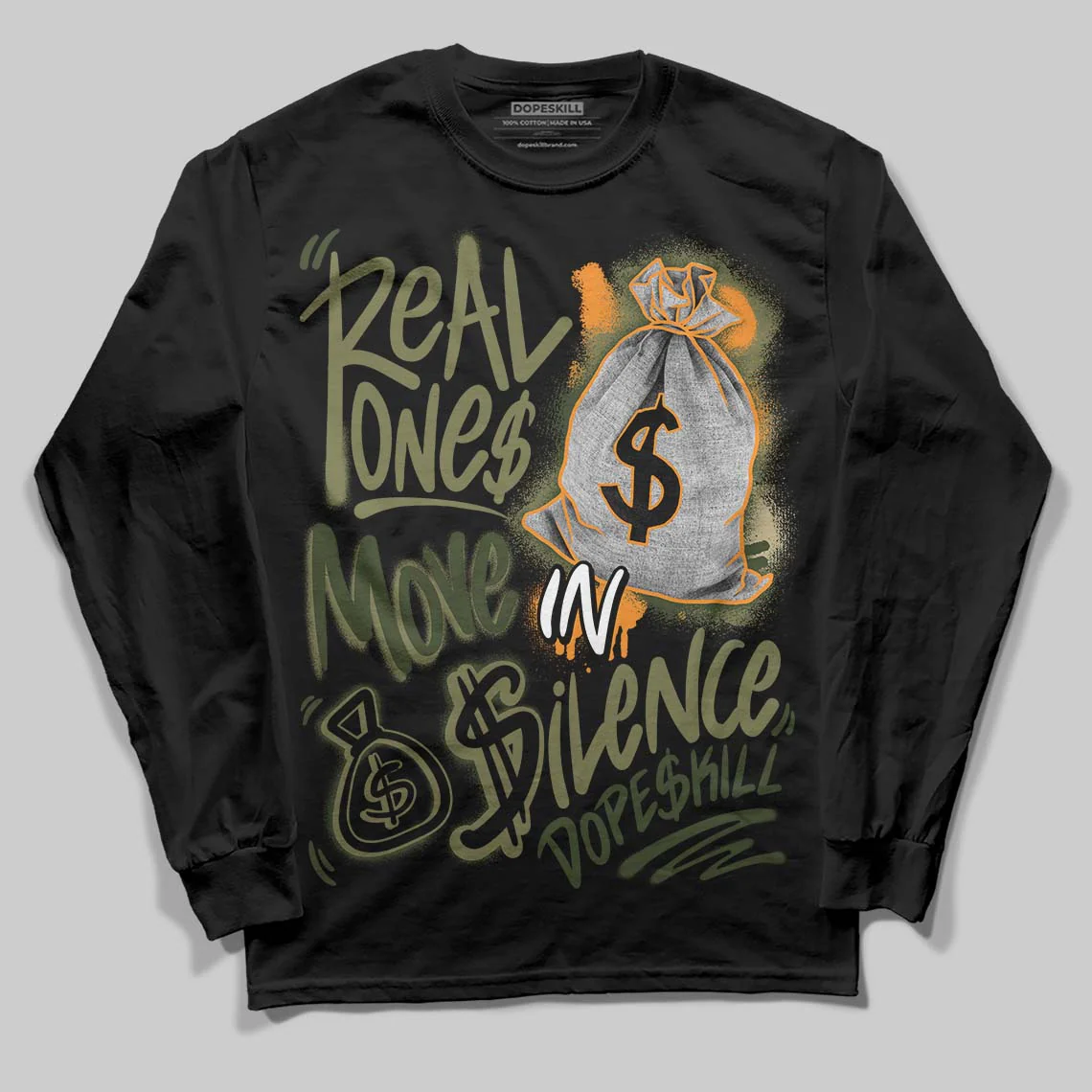 Olive Collection DopeSkill Long Sleeve T-Shirt Real Ones Move In Silence Graphic - Image 2