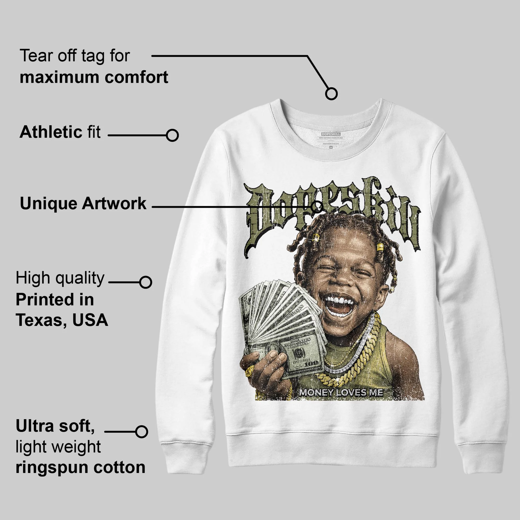 Olive 'Money Loves Me' DopeSkill Graphic Sweatshirt - Image 3