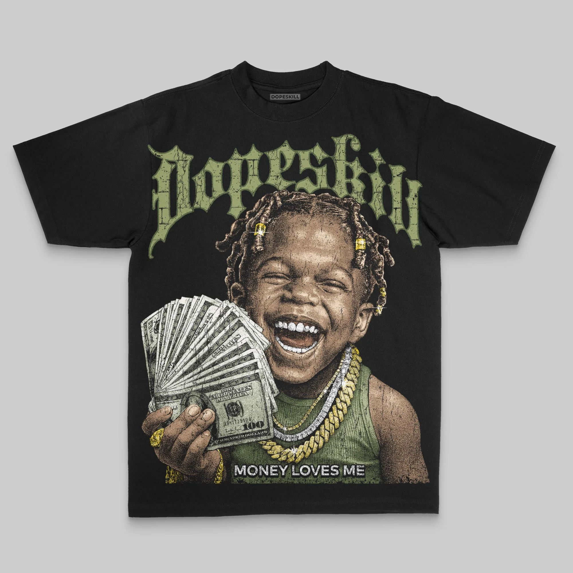 Olive Oversize Print Money Loves Me DopeSkill Graphic T-shirt - Image 2