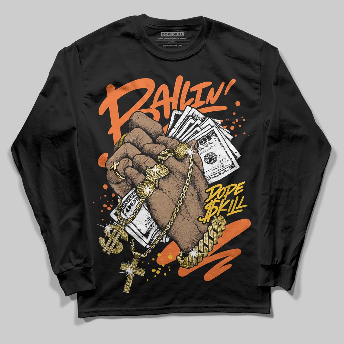 Orange Black White DopeSkill Long Sleeve T-Shirt Always Ballin' Graphic - Image 2