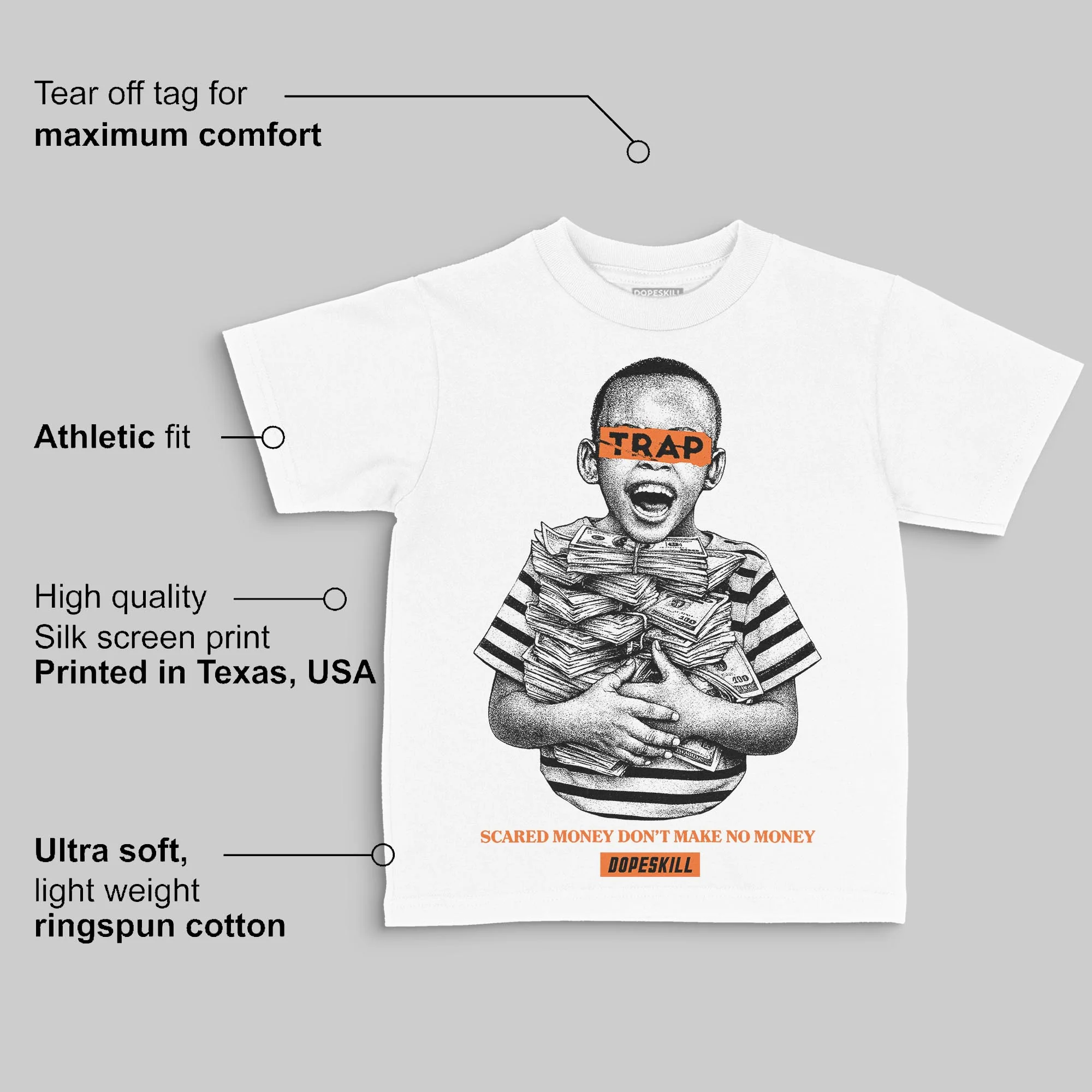 Orange 'Scared Money Don't Make No Money' DopeSkill Graphic Toddler Kids T-shirt - Image 3