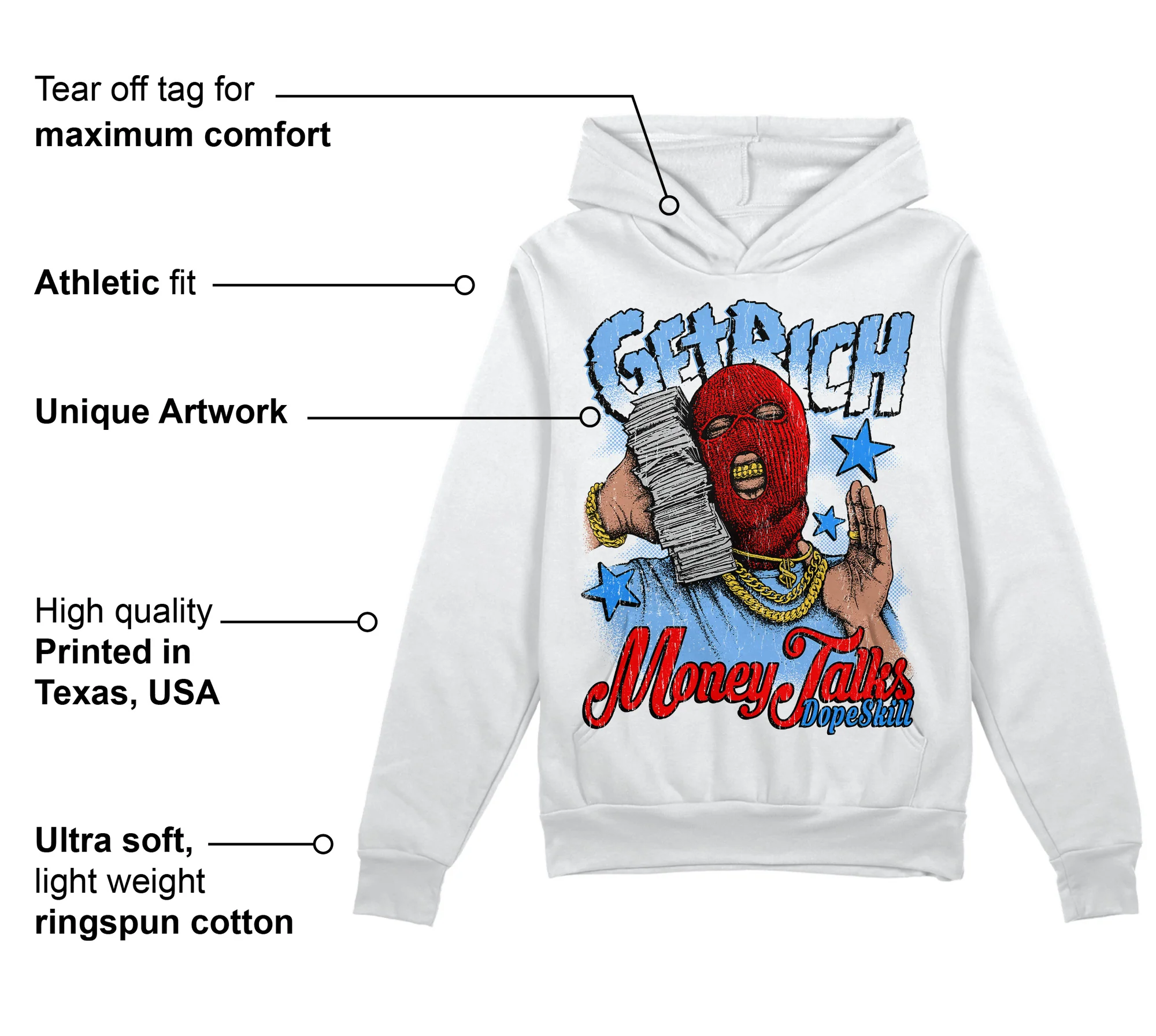 Powder Blue 9s DopeSkill Hoodie Sweatshirt Get Rich Graphic - Image 3