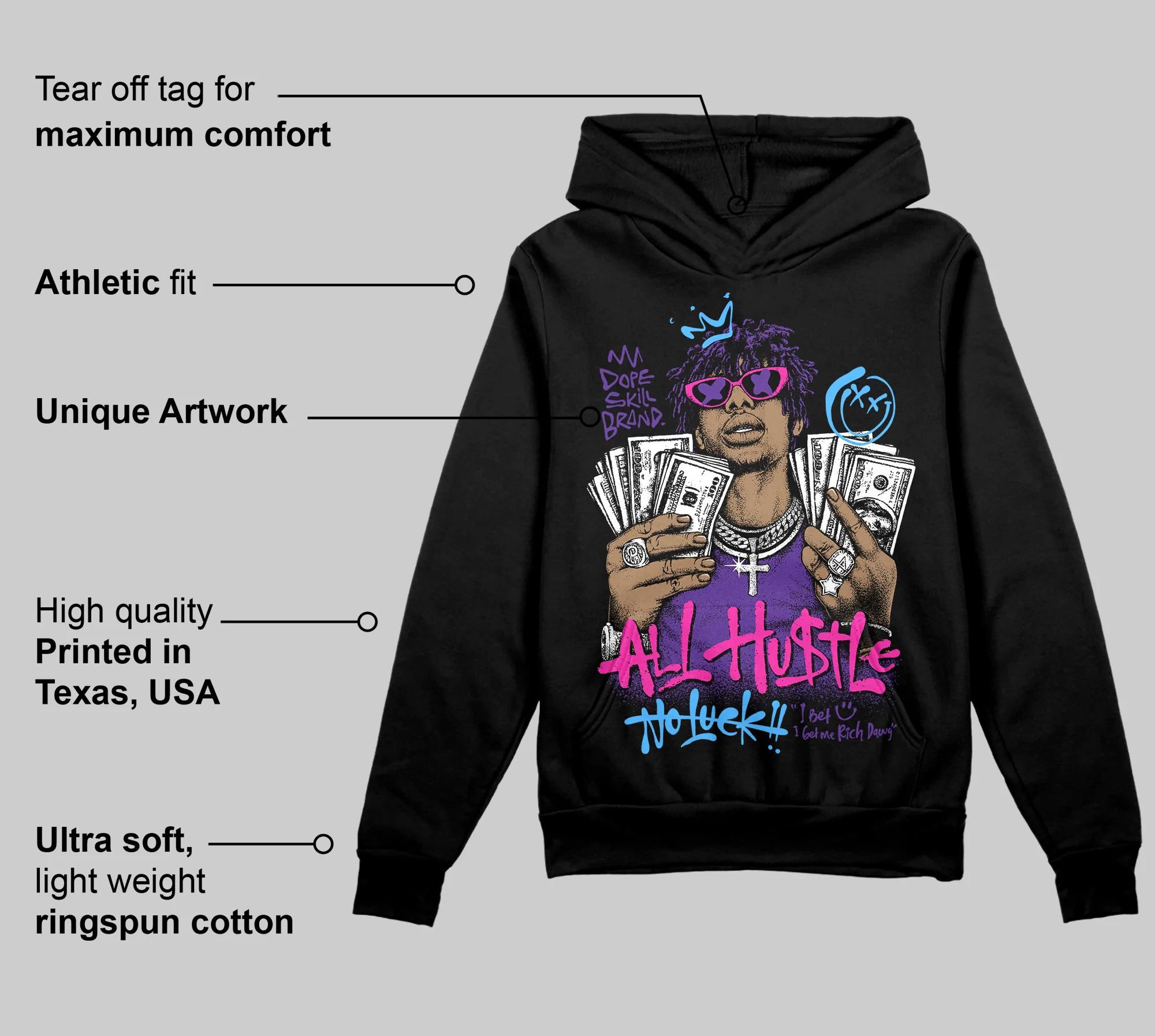 PURPLE 'All Hustle No Luck' DopeSkill Graphic Hoodie - Image 3