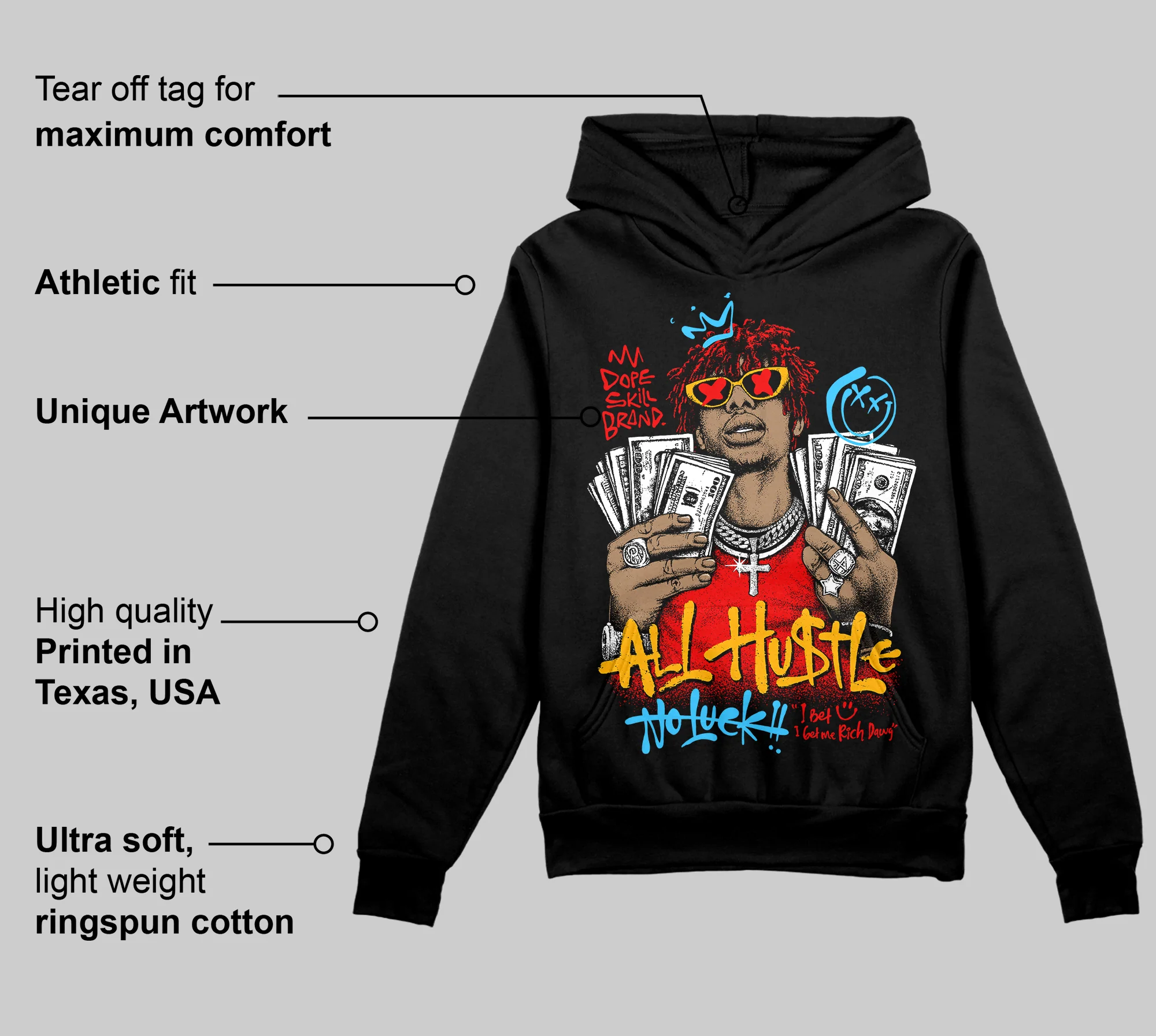 Red 'All Hustle No Luck' DopeSkill Graphic Hoodie - Image 4