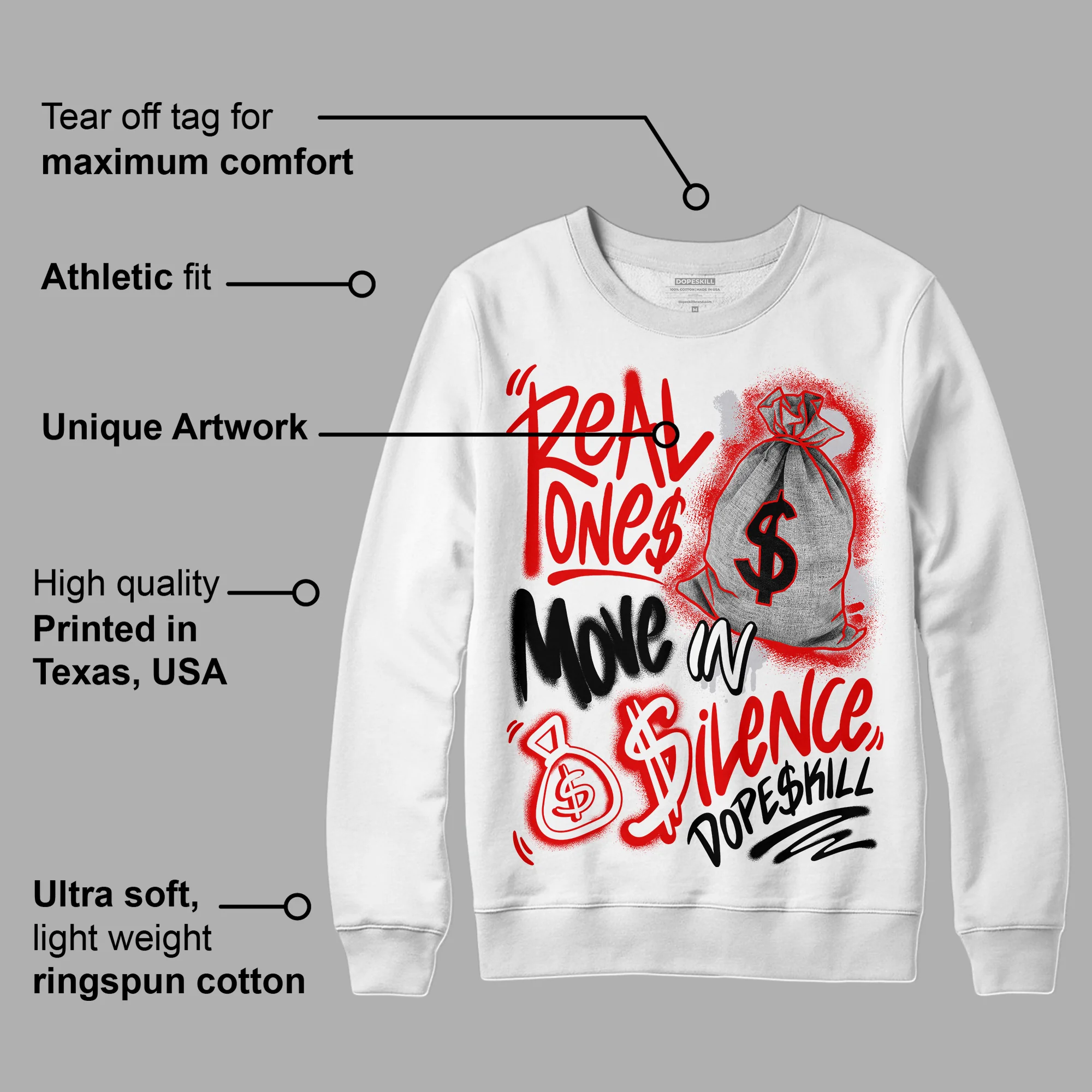 Red Cement 4S DopeSkill Sweatshirt Real Ones Move In Silence Graphic - Image 3