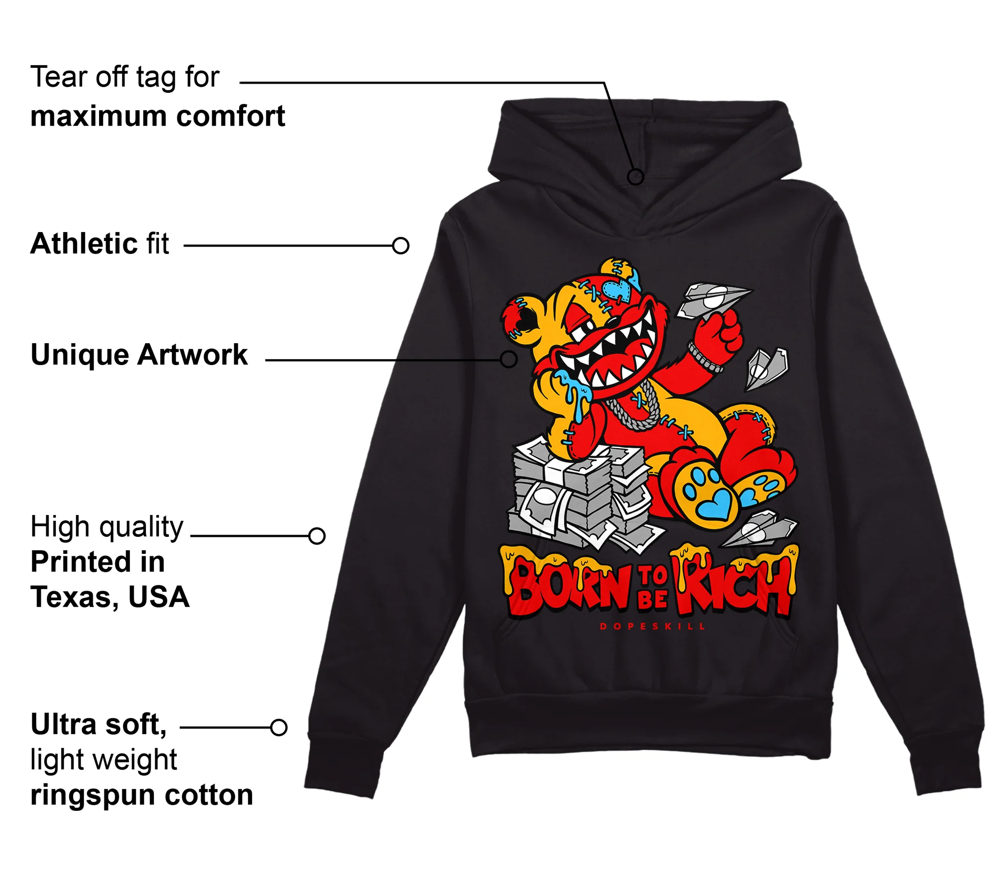 Red Collection DopeSkill Hoodie Sweatshirt Born To Be Rich Graphic - Image 3