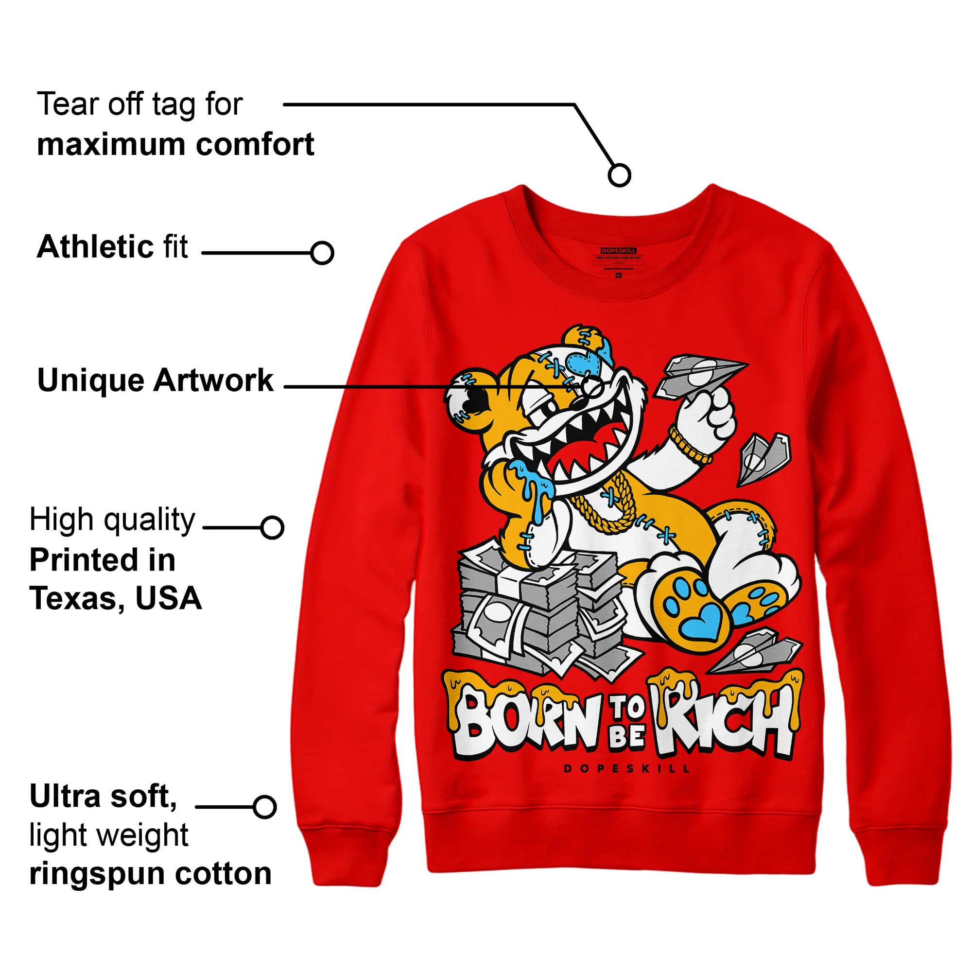 Red Collection DopeSkill Red Sweatshirt Born To Be Rich Graphic - Image 2