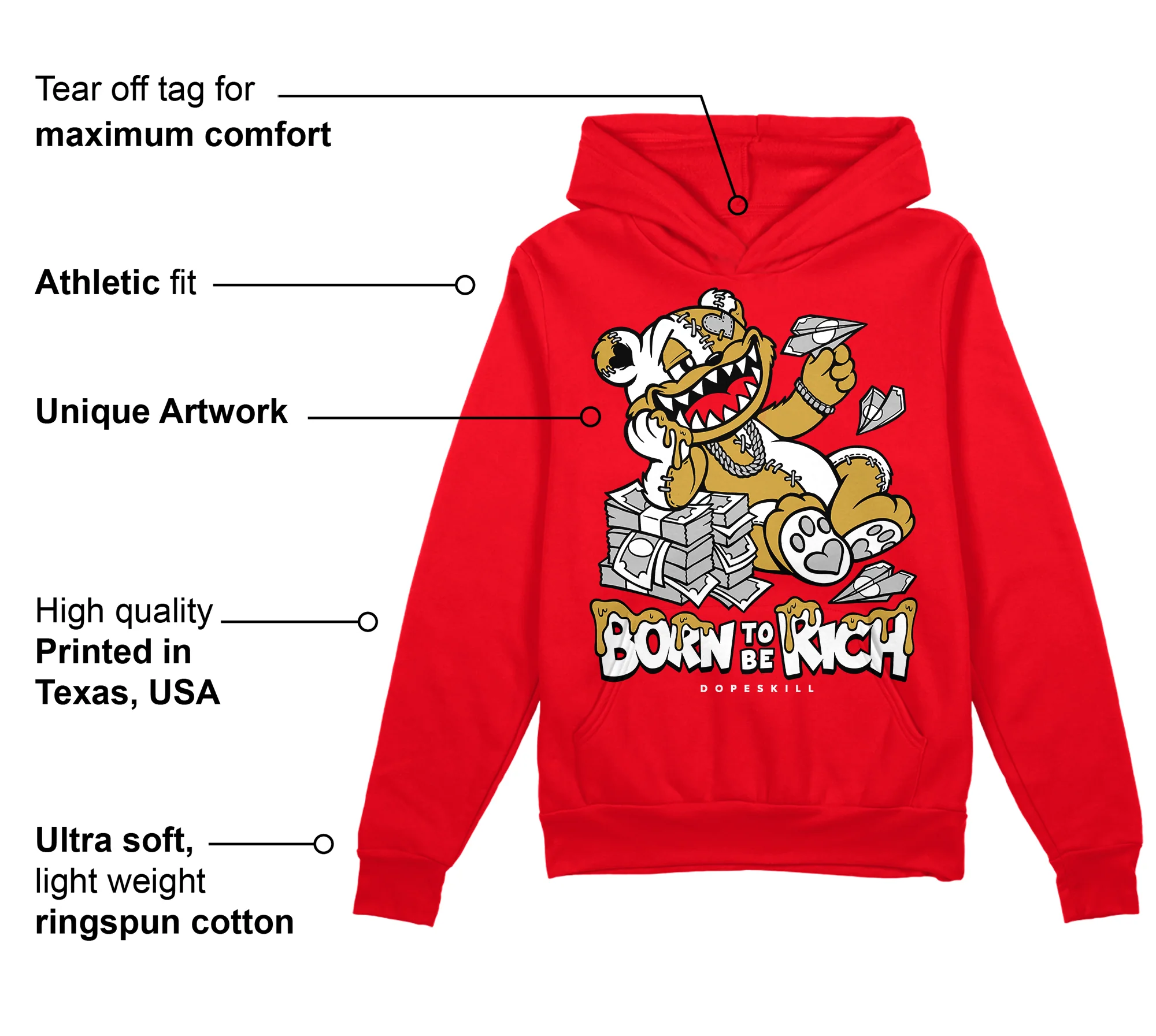 Red Thunder 4s DopeSkill Red Hoodie Sweatshirt Born To Be Rich Graphic - Image 2
