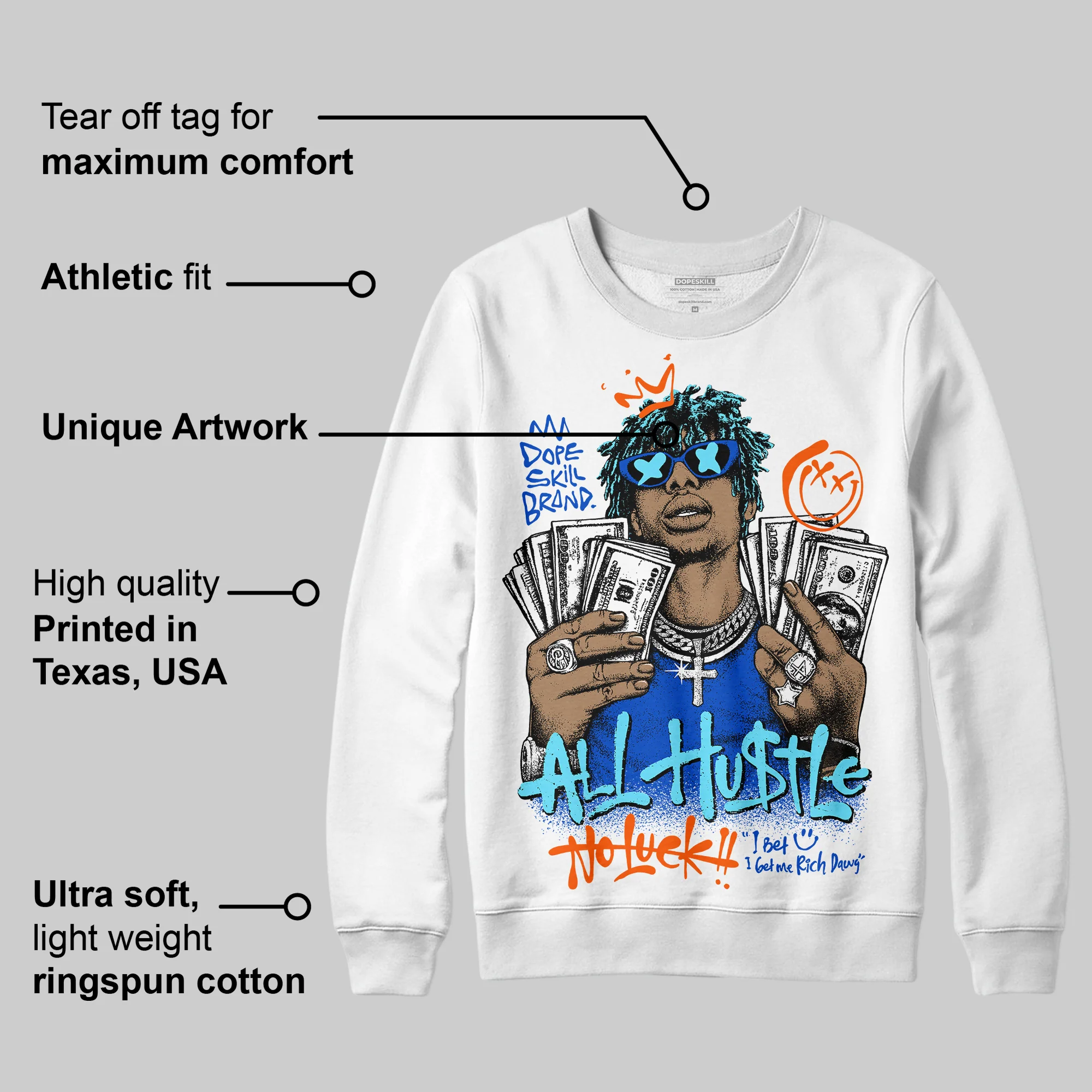 Royal Blue 'All Hustle No Luck' DopeSkill Graphic Sweatshirt - Image 3