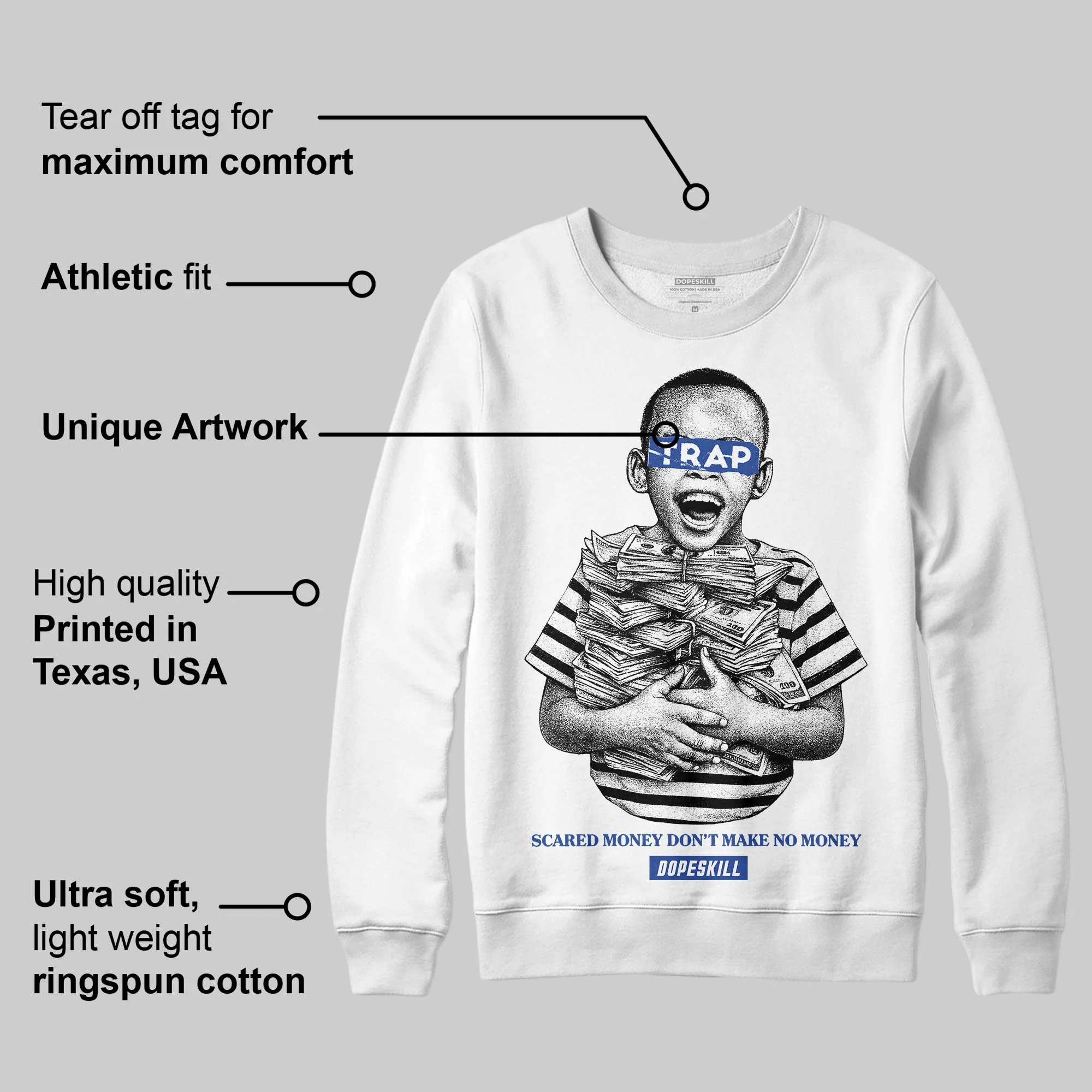Royal Blue 'Scared Money Don't Make No Money' DopeSkill Graphic Sweatshirt - Image 3