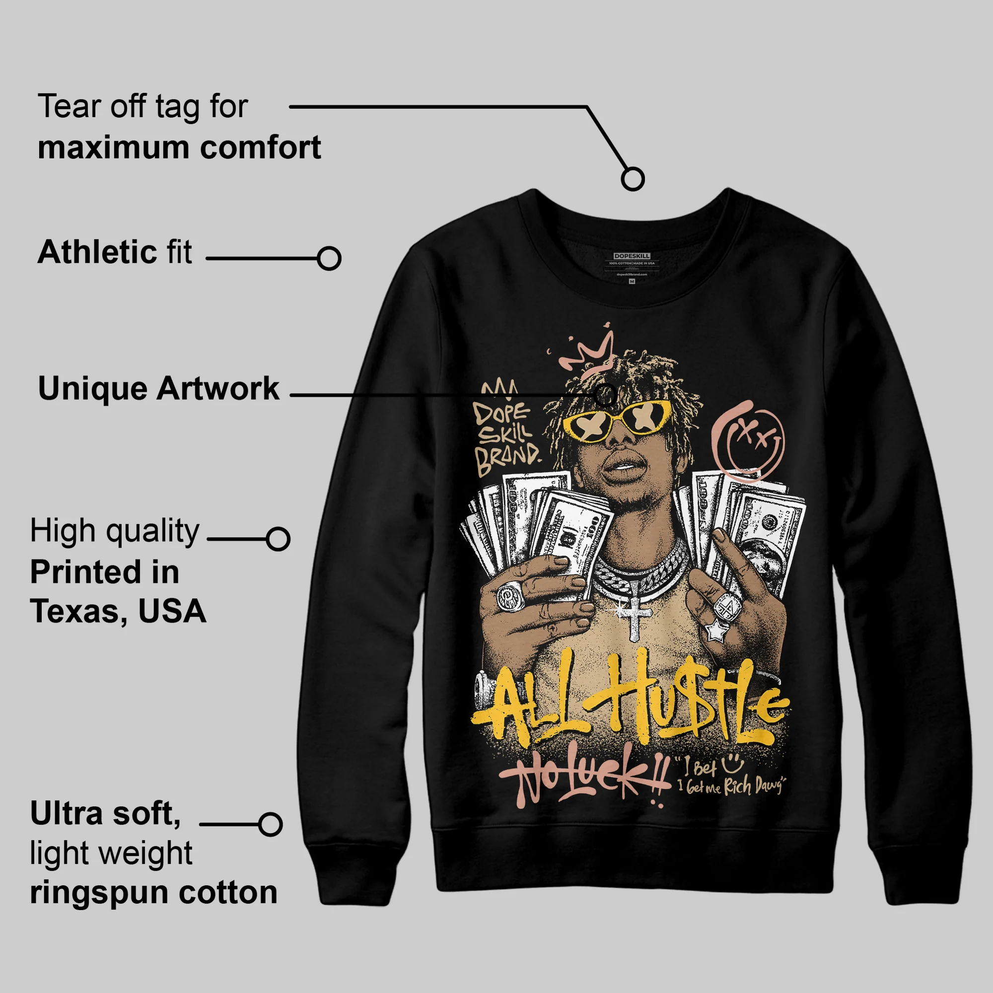 TAN 'All Hustle No Luck' DopeSkill Graphic Sweatshirt - Image 3