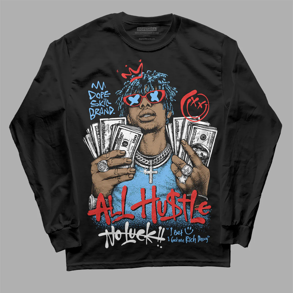 University Blue 'All Hustle No Luck' DopeSkill Graphic Long Sleeve T-Shirt - Image 2