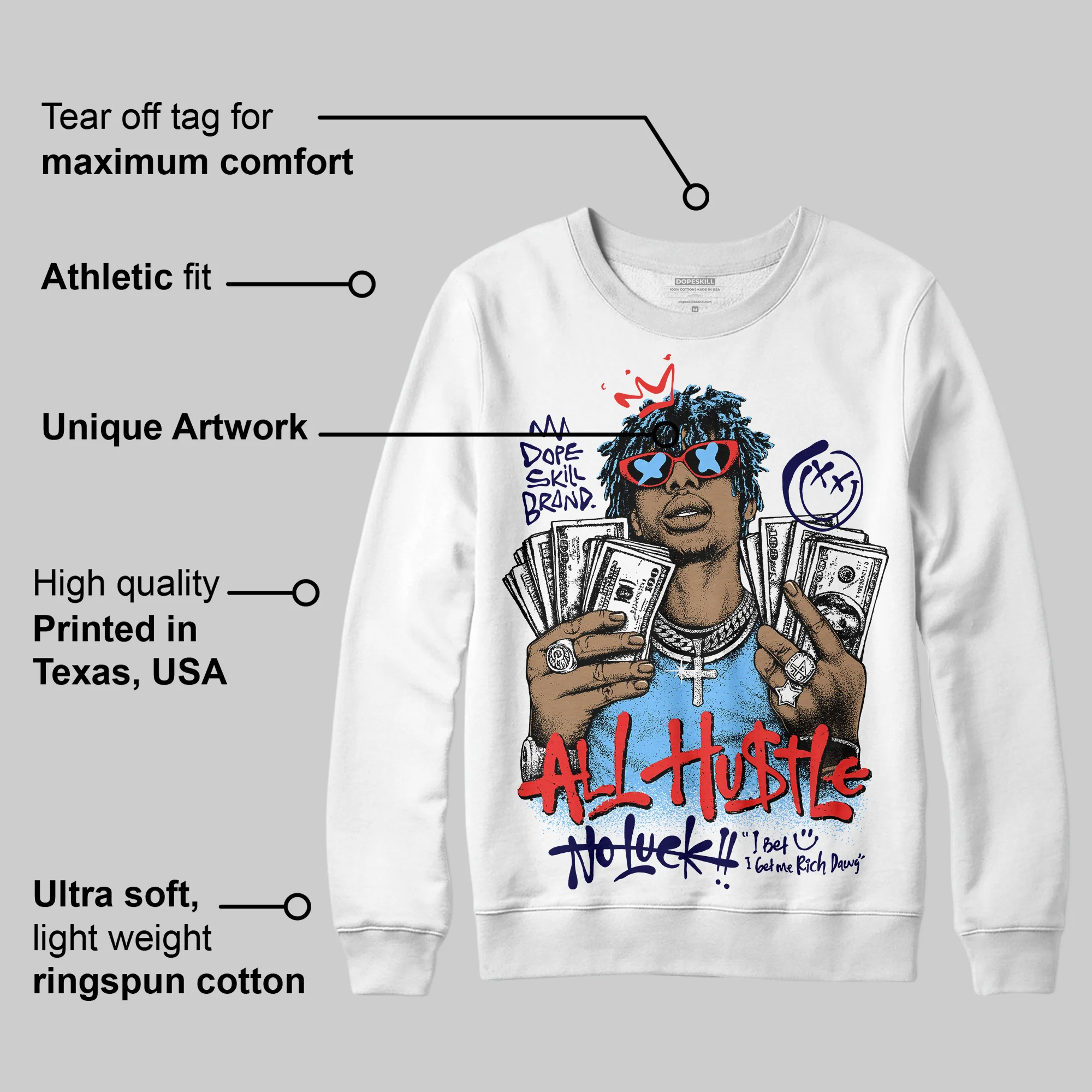 University Blue 'All Hustle No Luck' DopeSkill Graphic Sweatshirt - Image 3