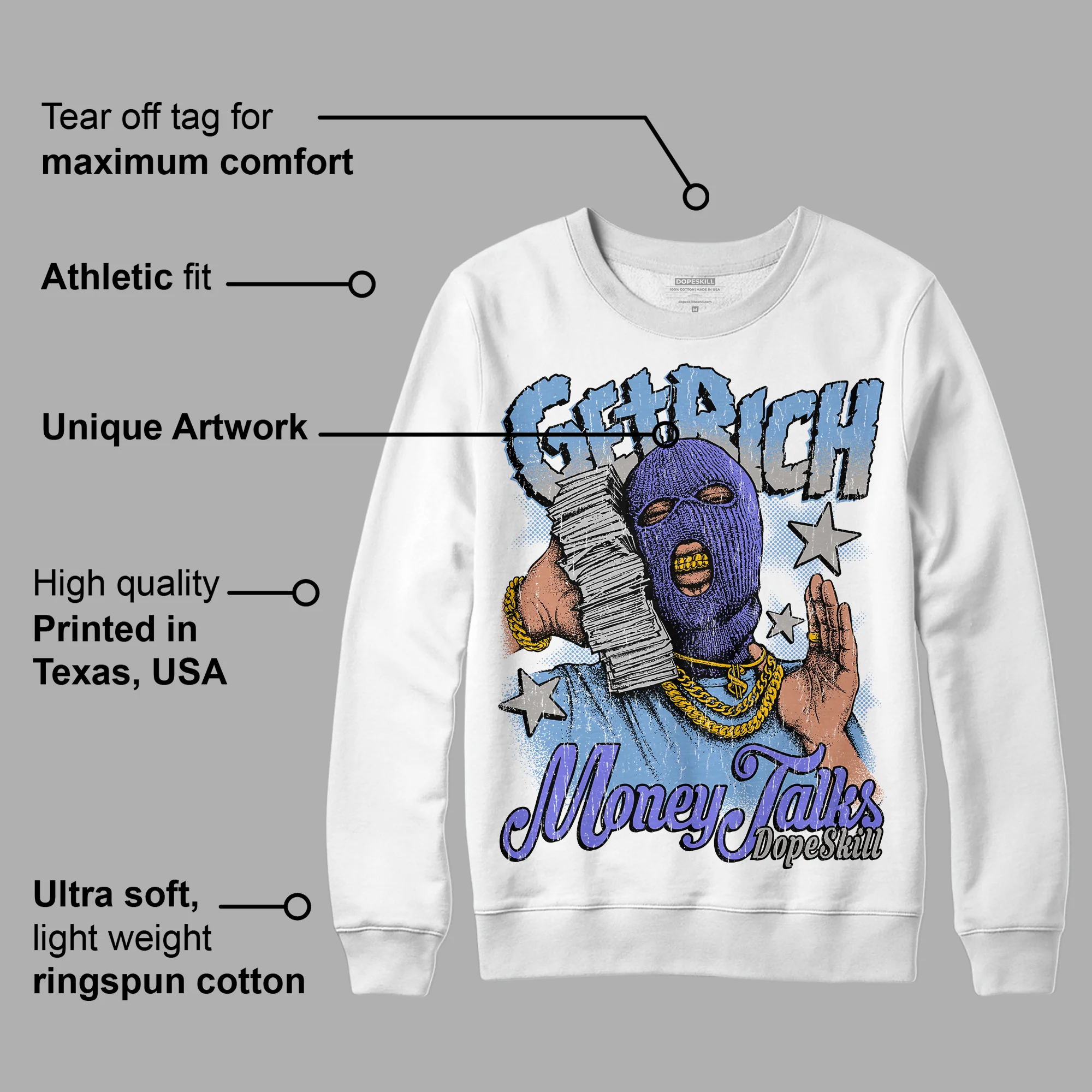University Blue Collection DopeSkill Sweatshirt Get Rich Graphic - Image 3