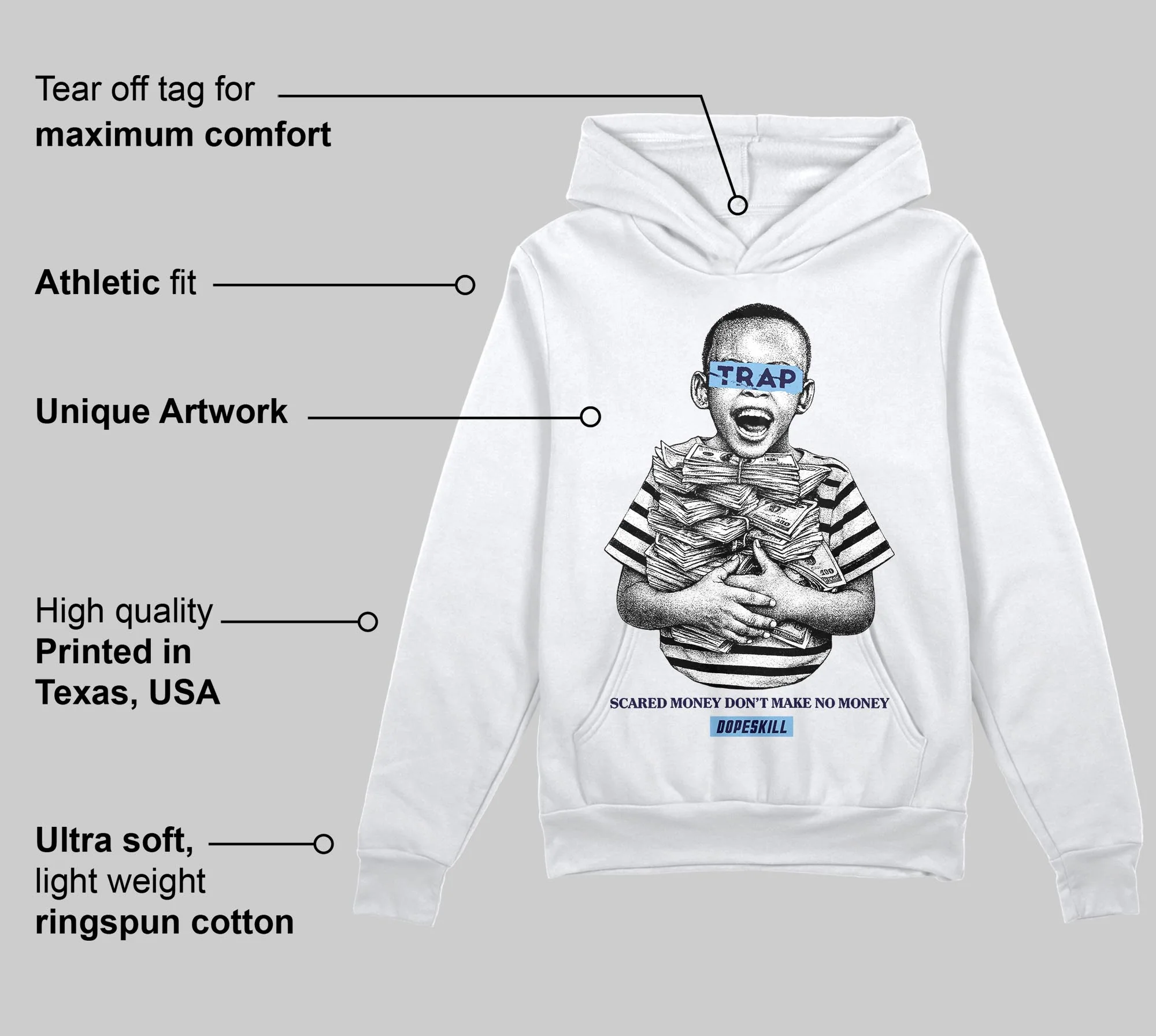 University Blue 'Scared Money Don't Make No Money' DopeSkill Graphic Hoodie - Image 3