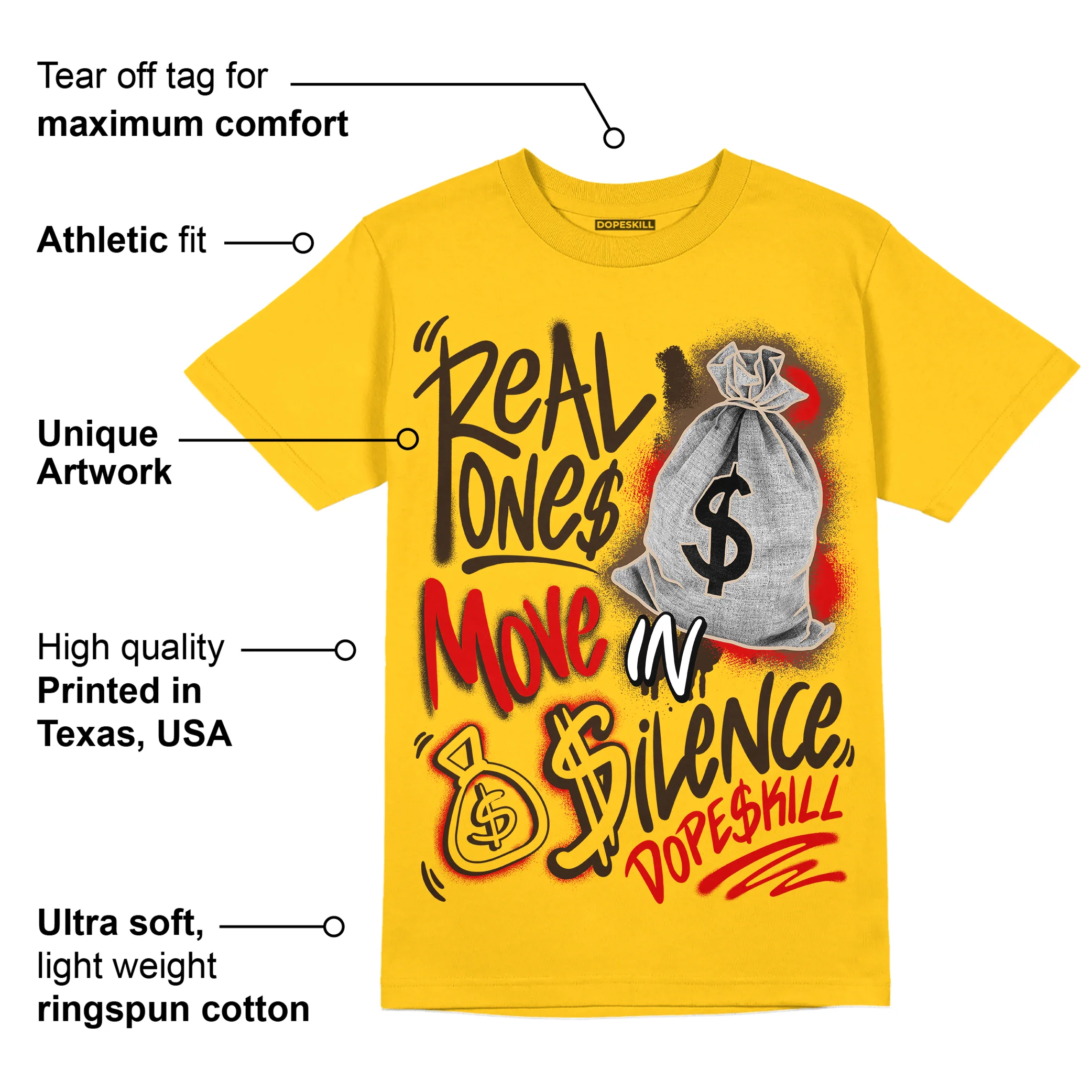 Yellow Collection DopeSkill Gold T-shirt Real Ones Move In Silence Graphic - Image 2