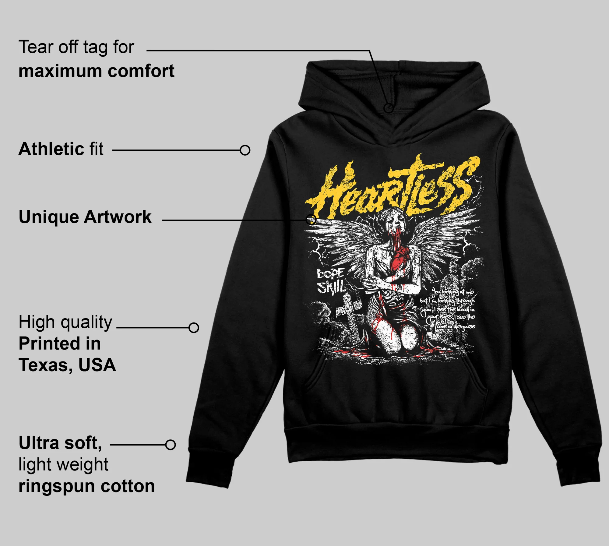 Yellow Collection DopeSkill Hoodie Sweatshirt Heartless Graphic - Image 3