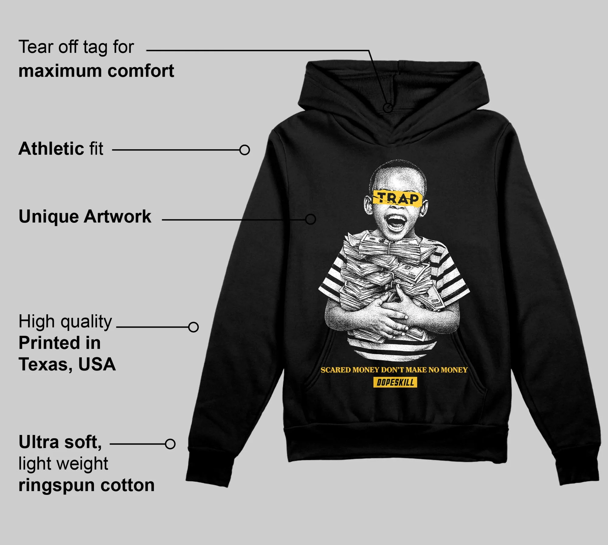 Yellow 'Scared Money Don't Make No Money' DopeSkill Graphic Hoodie - Image 3